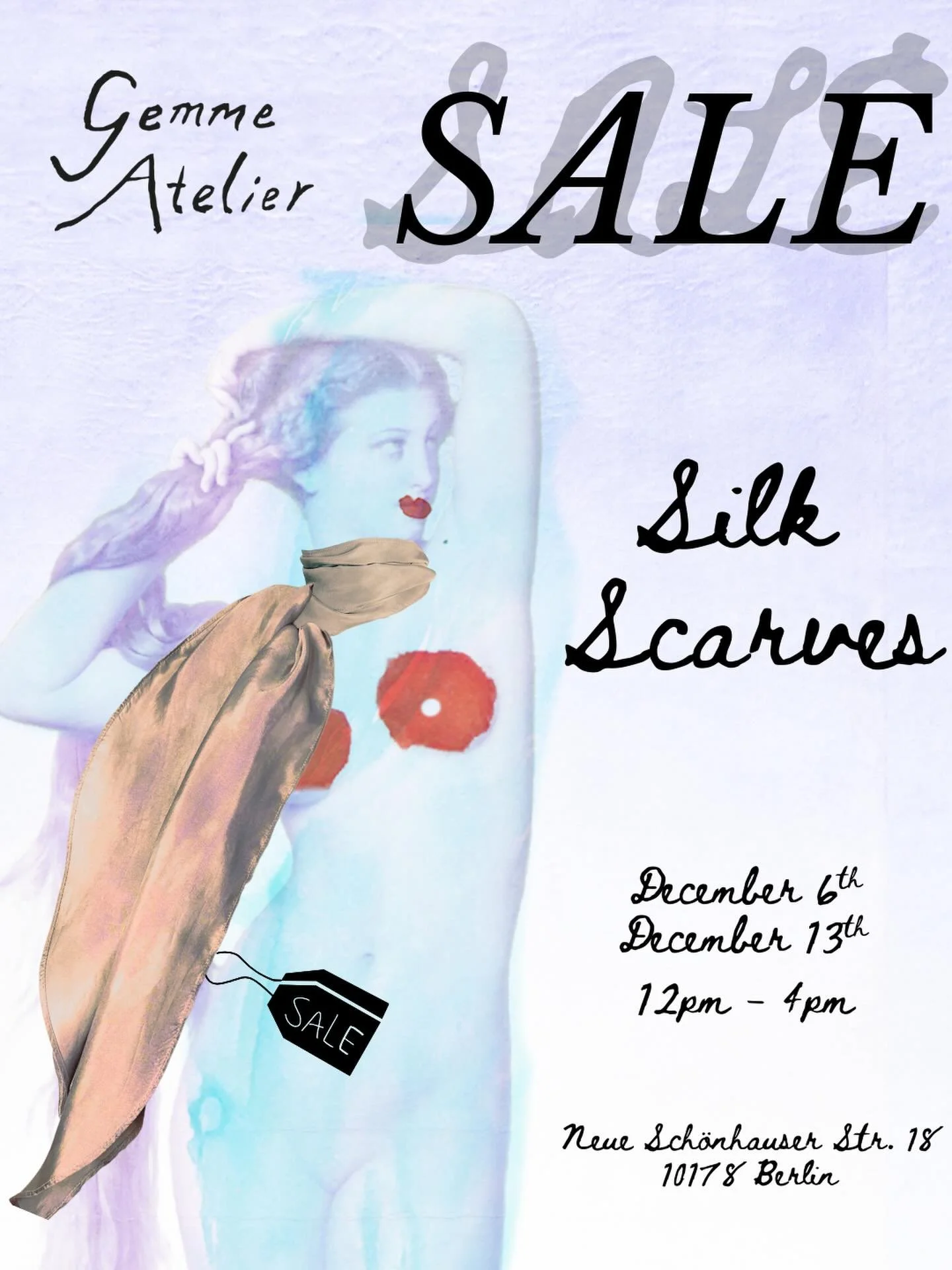 This Saturday and next Saturday.
SILK SCARVES plus some extra bits (silk and cotton corsets, velvet throw pillows with pretty trims). 
Our annual studio sale where everything is made from the leftover fabrics from this year.
Gift wrapping available⭐️