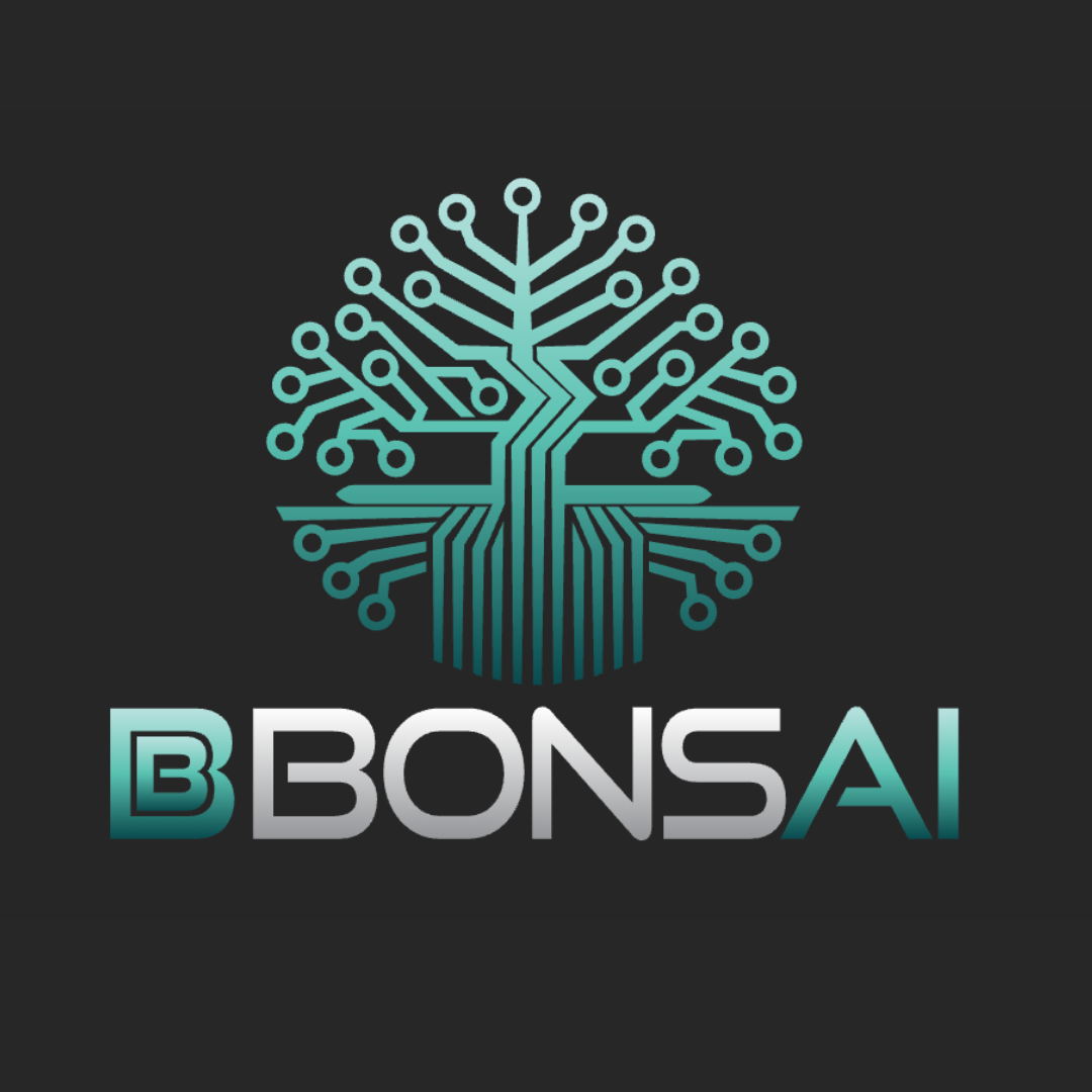 A digital logo featuring a circuit board tree with the text 'B BonsaI' below it, using a gradient of teal and white on a dark background.