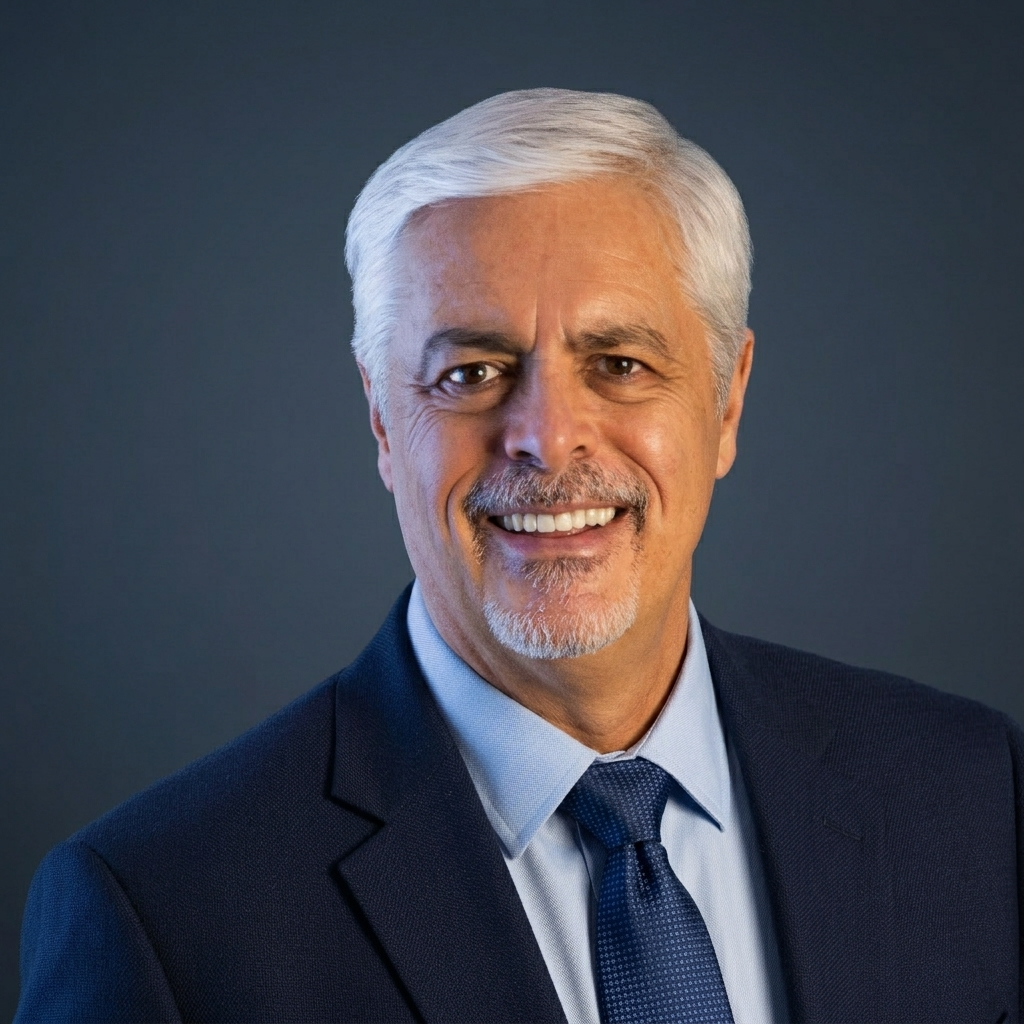 A portrait of a middle-aged man with white hair and a goatee, smiling, dressed in a dark suit, white shirt, and blue tie, against a plain dark background.