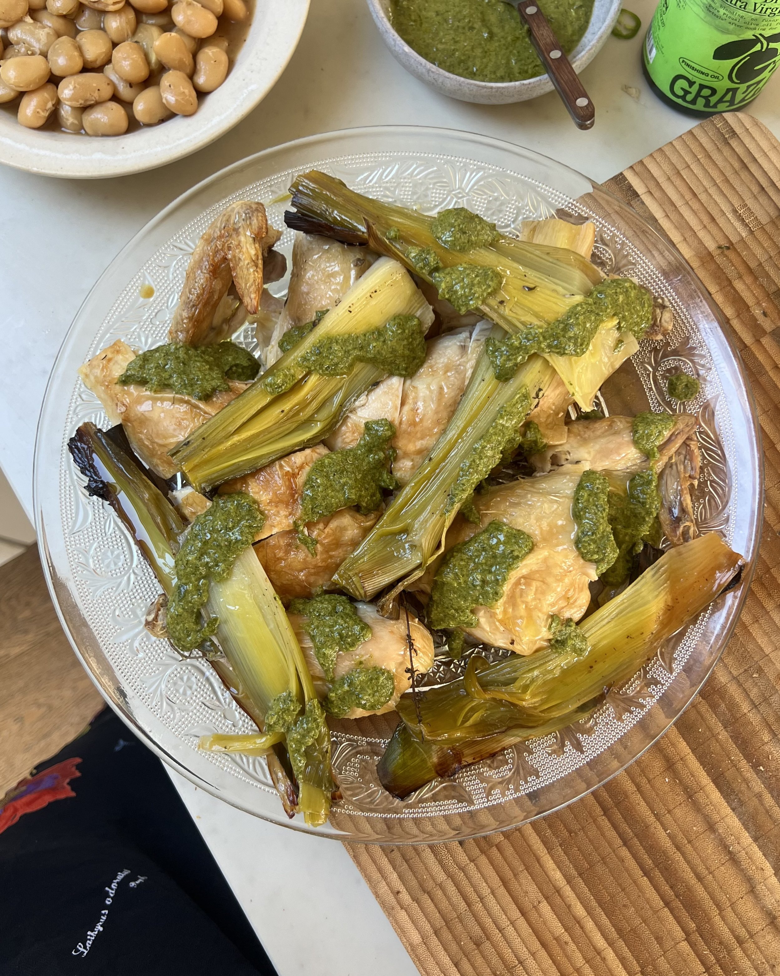 Spring chicken with jammy leeks & salsa verde