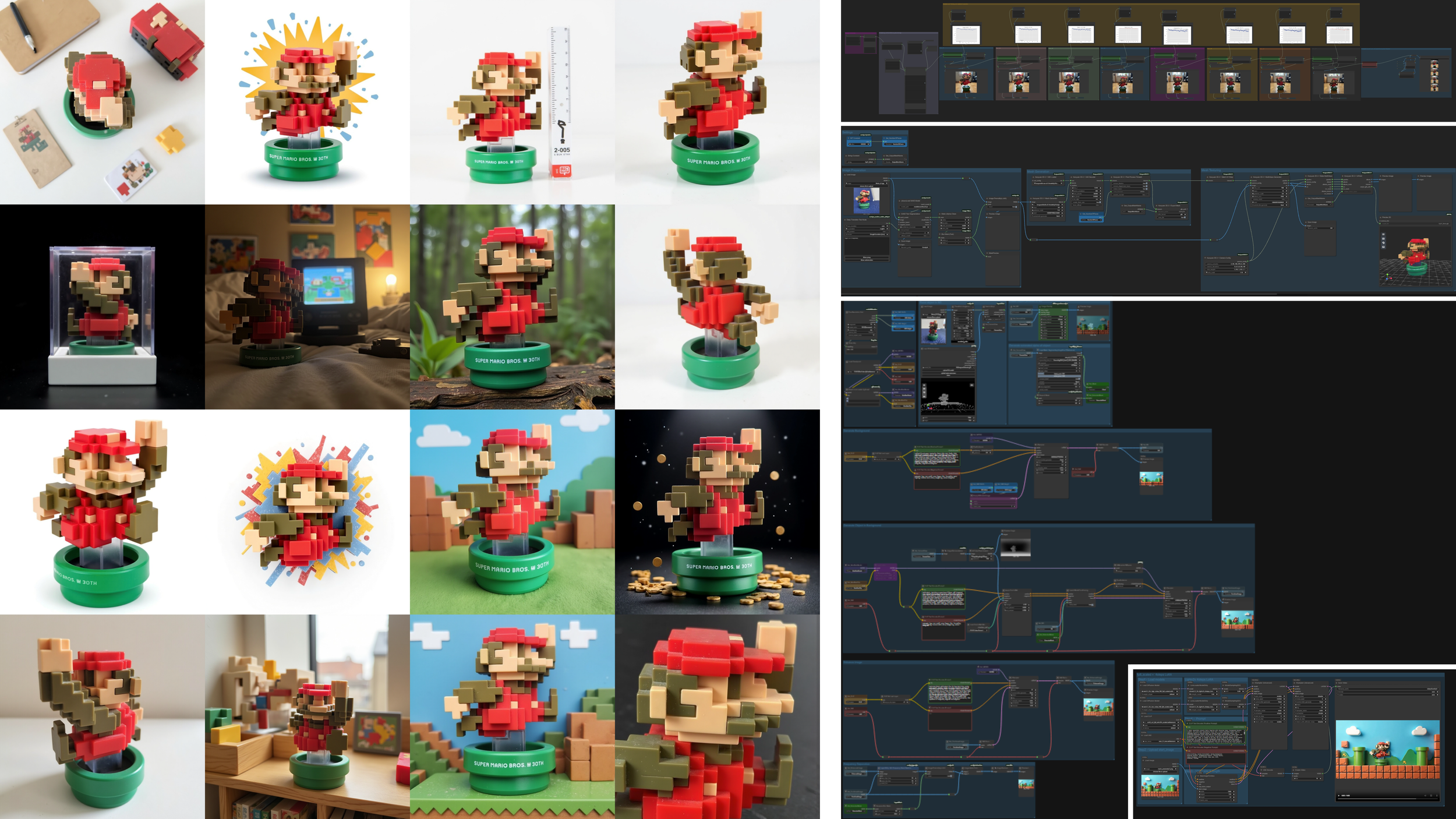 A compilation of images featuring a pixelated Super Mario figure from the Super Mario Bros. series, displayed in various positions, settings, and artwork styles, alongside screenshots of a digital workspace and 3D modeling or animation software.