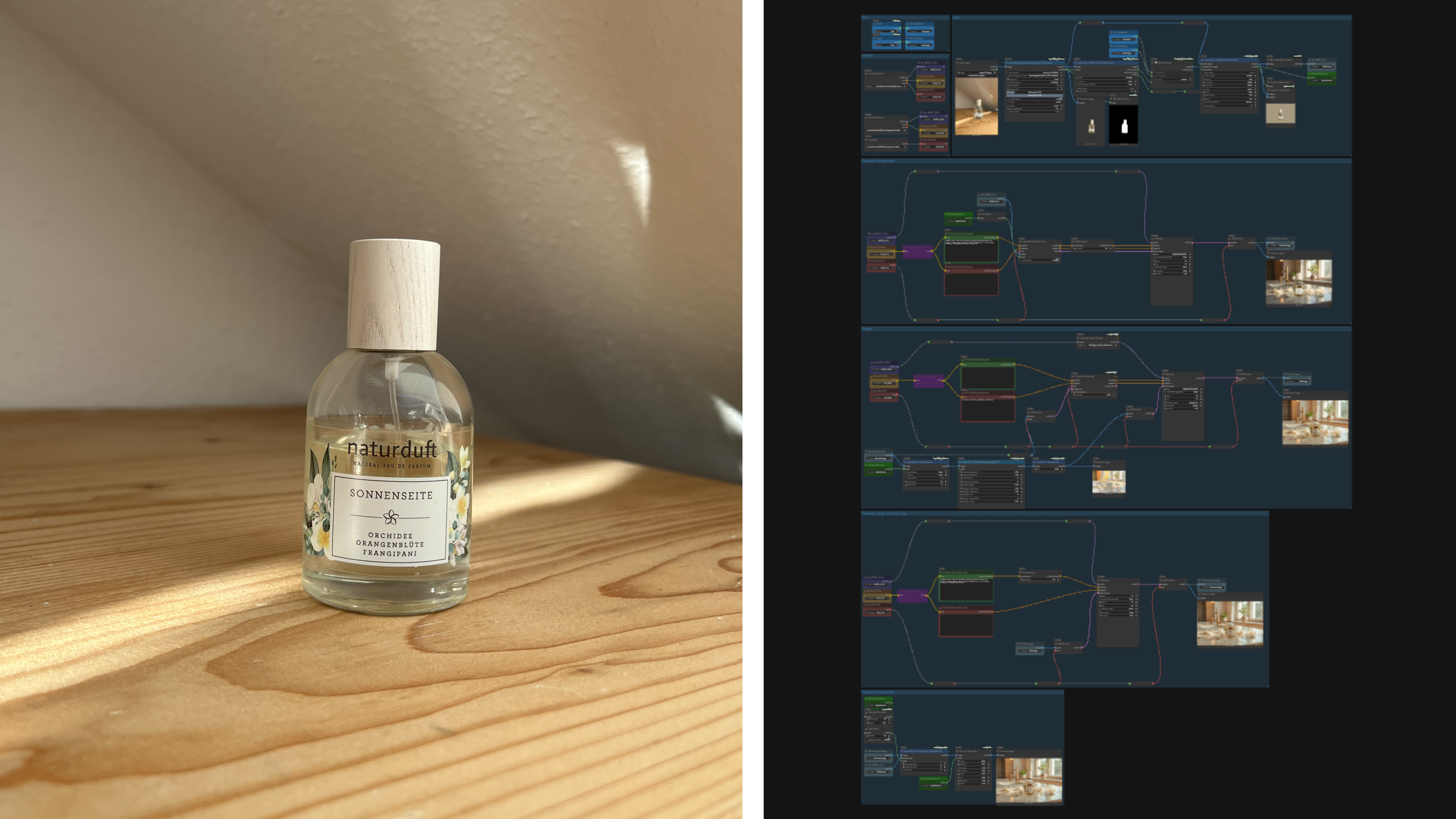 A clear glass perfume bottle with a wood cap, labeled 'naturduft' and 'SONNENSEITE' on a wooden surface, with sunlight and shadow on the wall behind it.