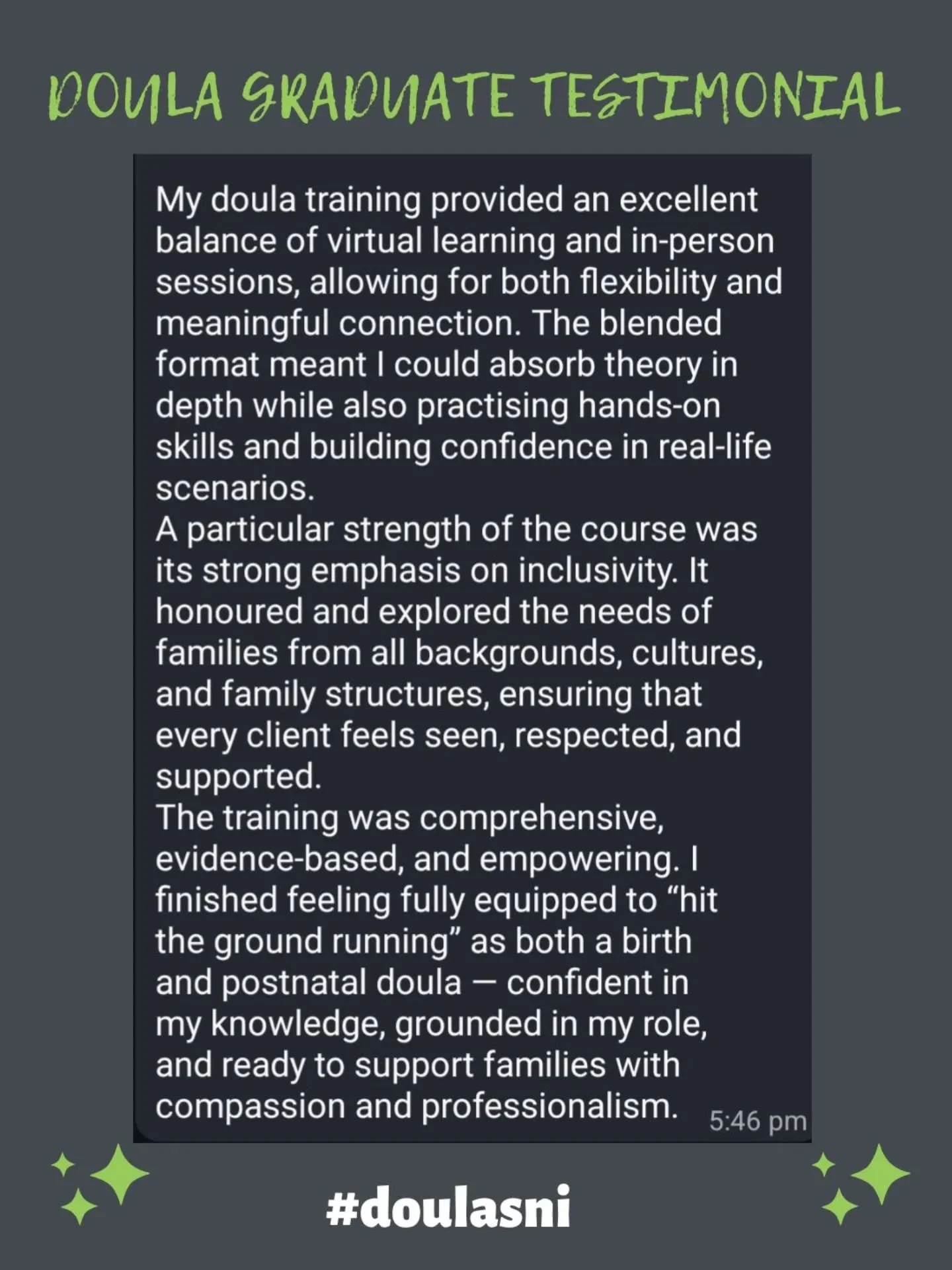 DOULA TRAINING TESTIMONIAL

We are delighted to receive this lovely feedback from one of our recent doula training graduates who is already working away supporting families through birth and the postnatal journey.

We know it can be really important 
