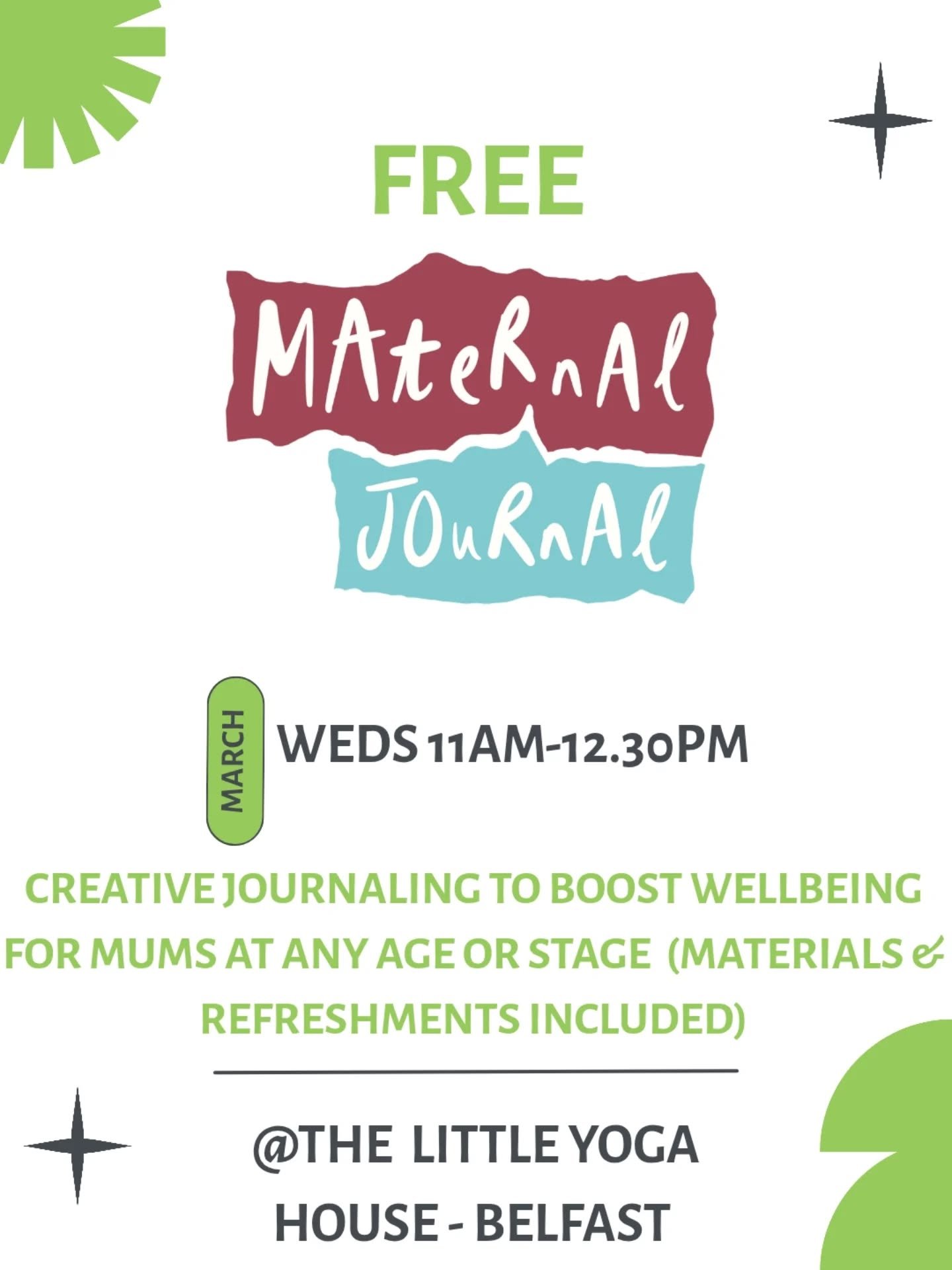 Bookings are open for our Belfast @maternaljrnl circle starting on International Women's day 💪- Wednesday 4th March. 4 weeks of creativity to boost maternal wellbeing.  Fully funded by @doulasni and run by Tara - women's yoga teacher, doula and peri