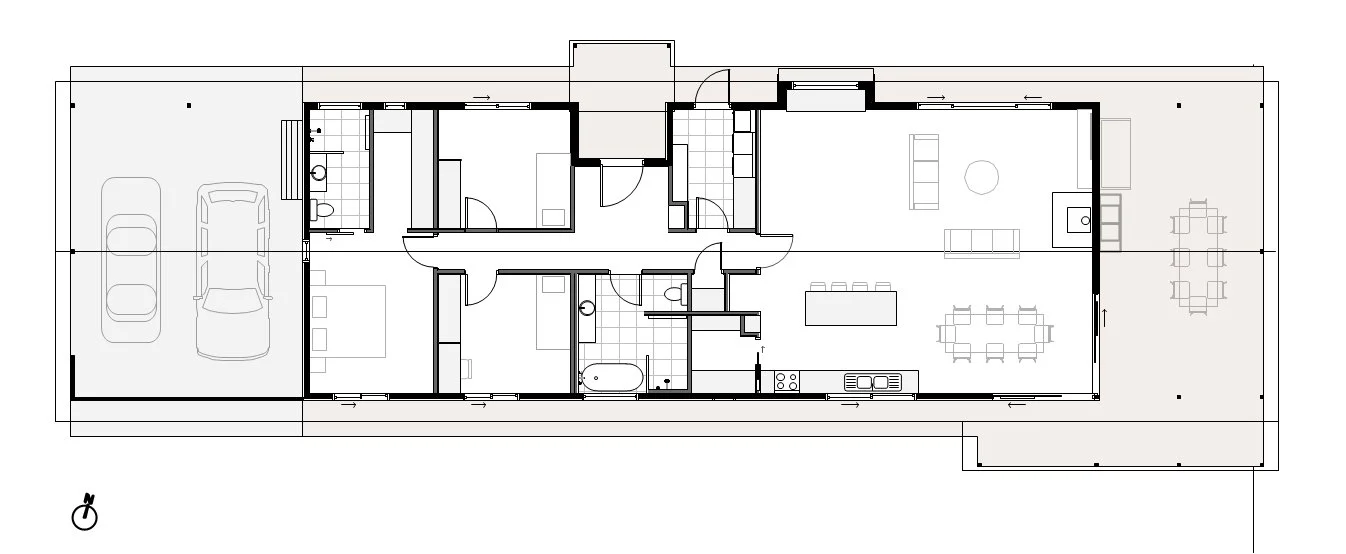 Floor plan of a 3 bedroom 2 bathroom solar passive house