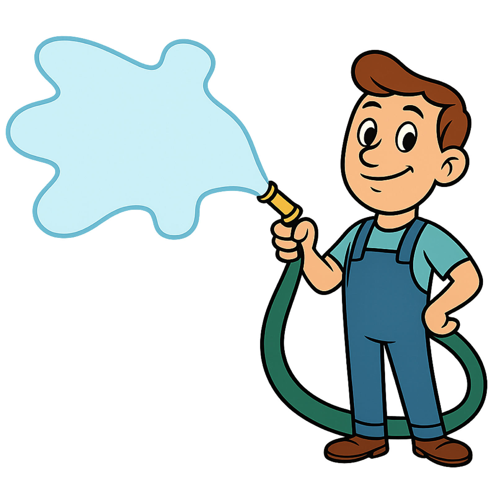 Cartoon boy in overalls holding a garden hose with a spray pattern of water.