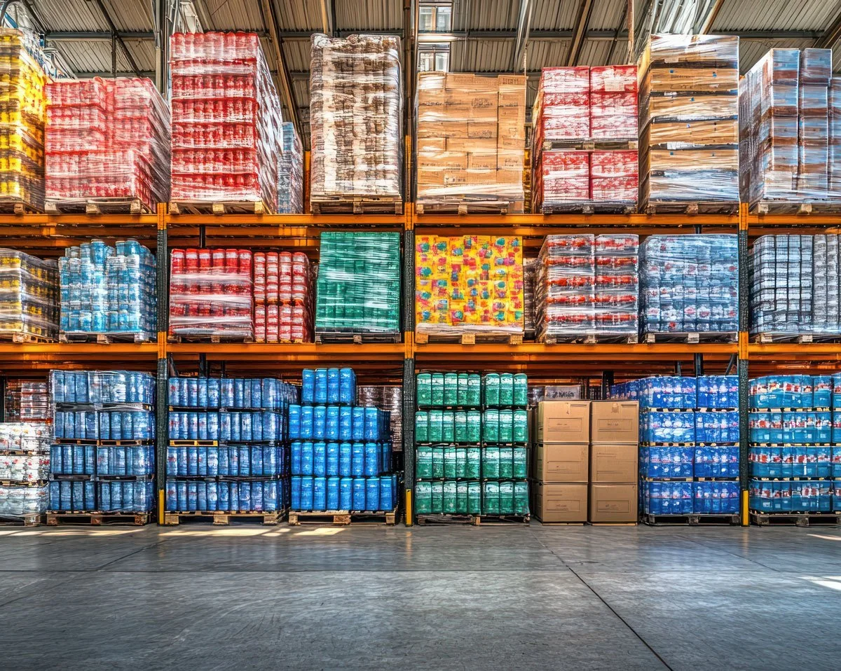 stacks of products on a warehouse floor with pallets