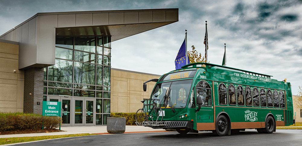 trolley outside building