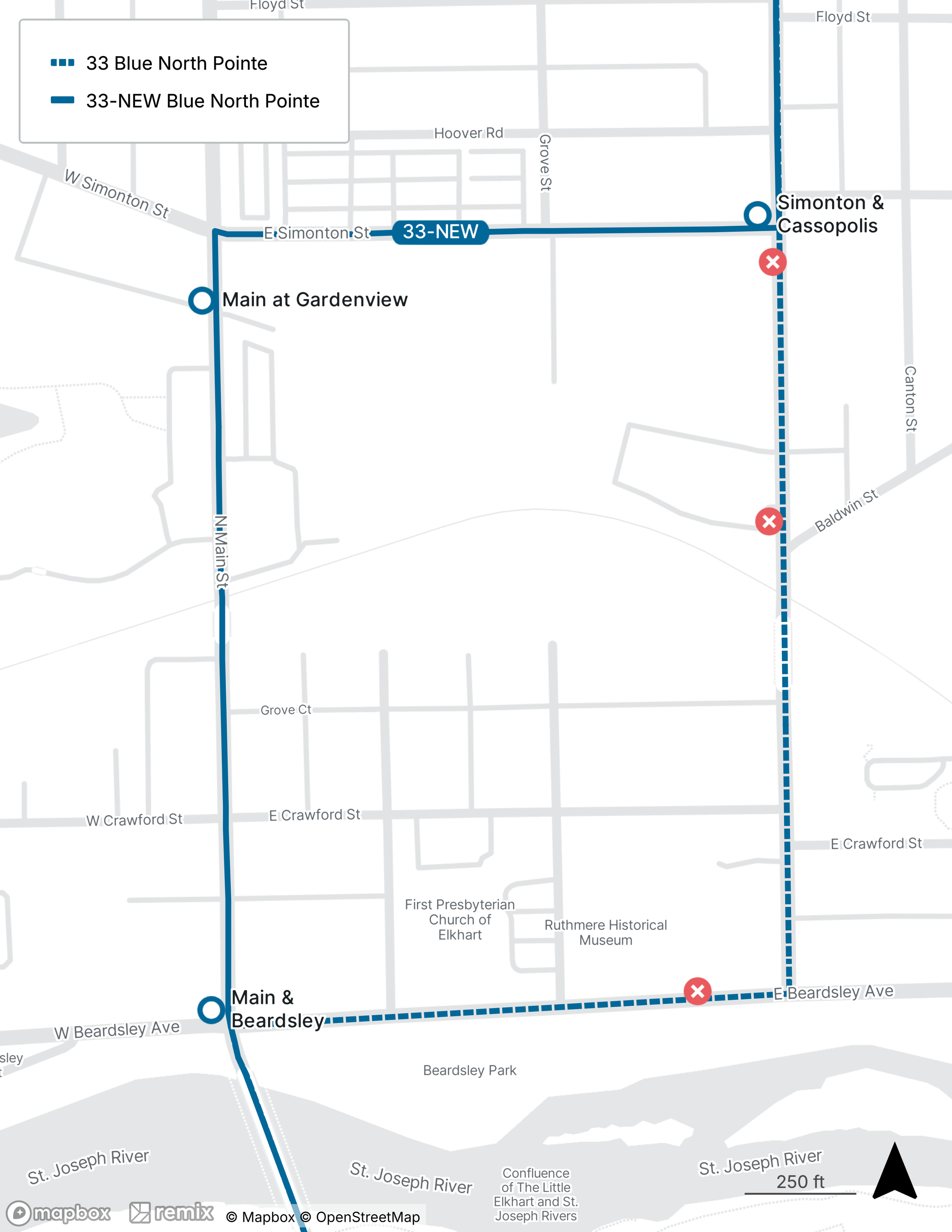 Route 33 map showing the new route compared to the discontinued route.
