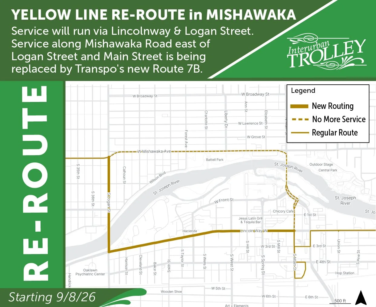 Map of the re-route showing how service will run via Lincolnway and Logan Street.