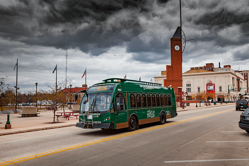 trolley driving down street