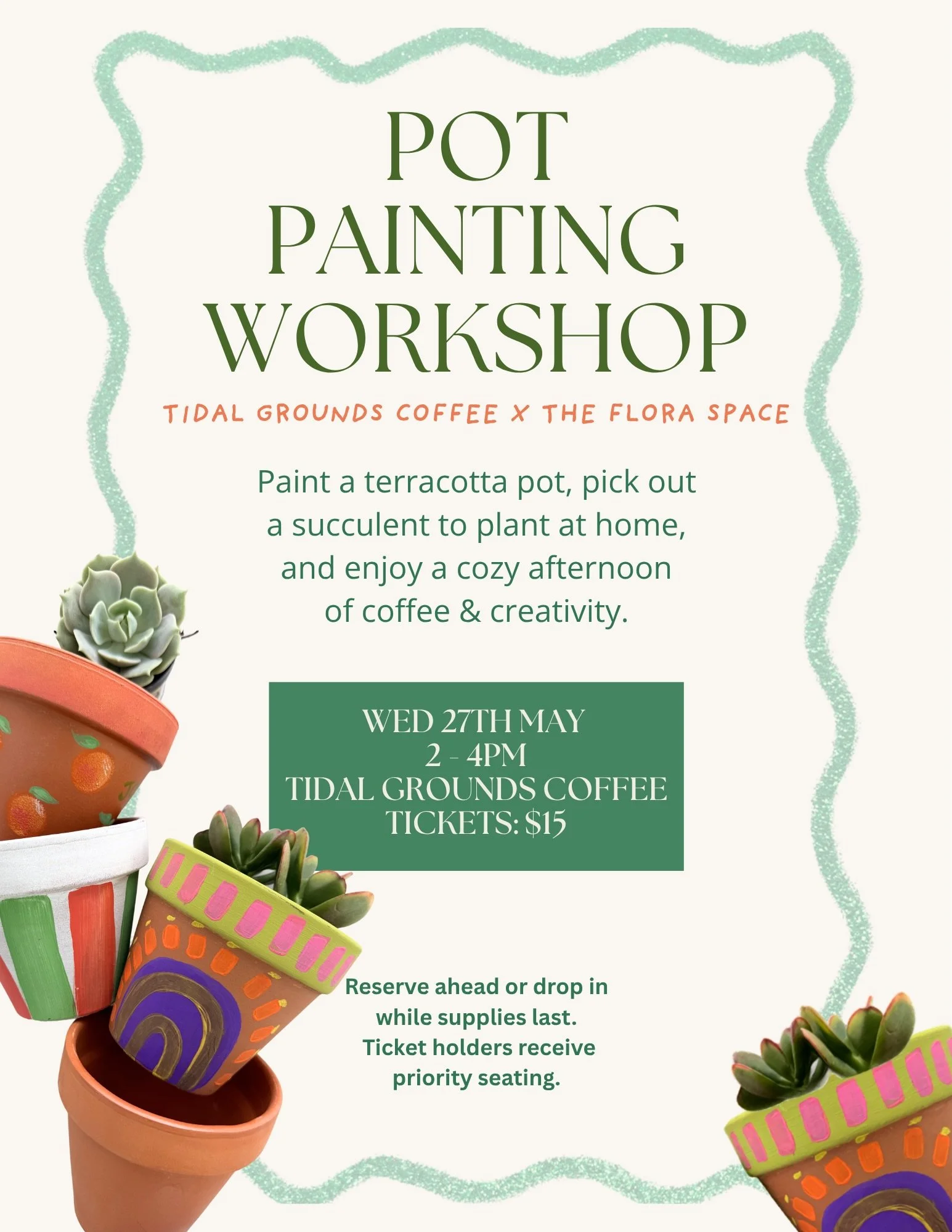 Tidal Grounds Coffee x The Flora Space are coming together again for another cozy afternoon of coffee &amp; creativity ☕🌿

Join us on Wednesday, May 27th from 2&ndash;4pm for a relaxed pot painting workshop inside @tidalgroundscoffee . Come paint a 