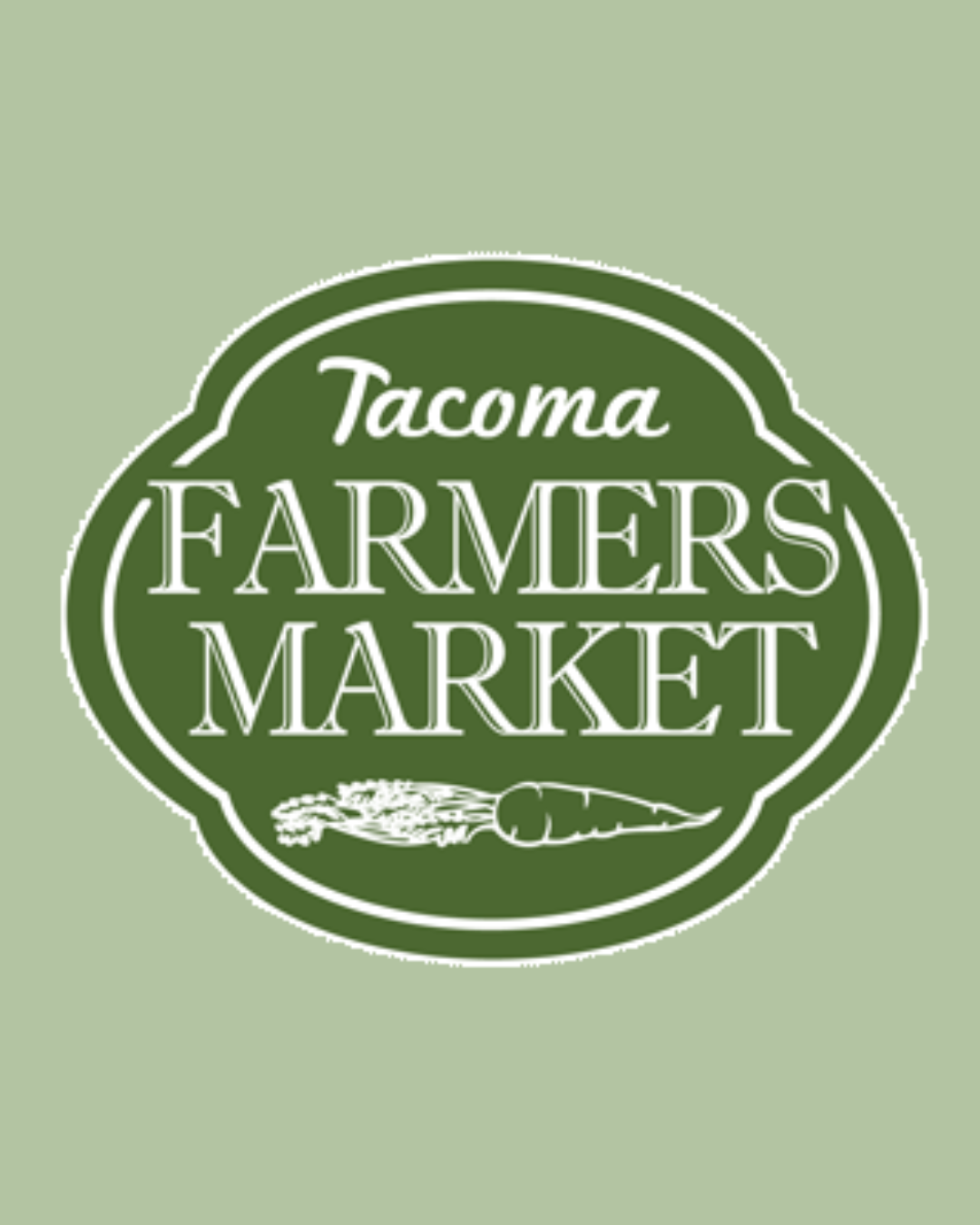 Green circular logo for Tacoma Farmers Market with white text and illustrations of a leafy vegetable and a carrot on a light green background.