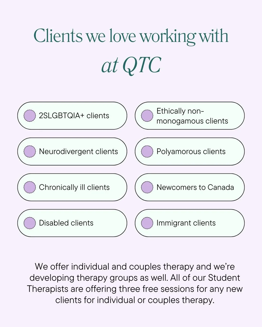If you don't know, now you know! We love working with 2SLGBTQIA+ clients, enm clients, neurodivergent clients, poly clients, chronically ill clients, newcomers, disabled clients and immigrants. Our Student Therapists are offering 3 (THREE!) free (FRE