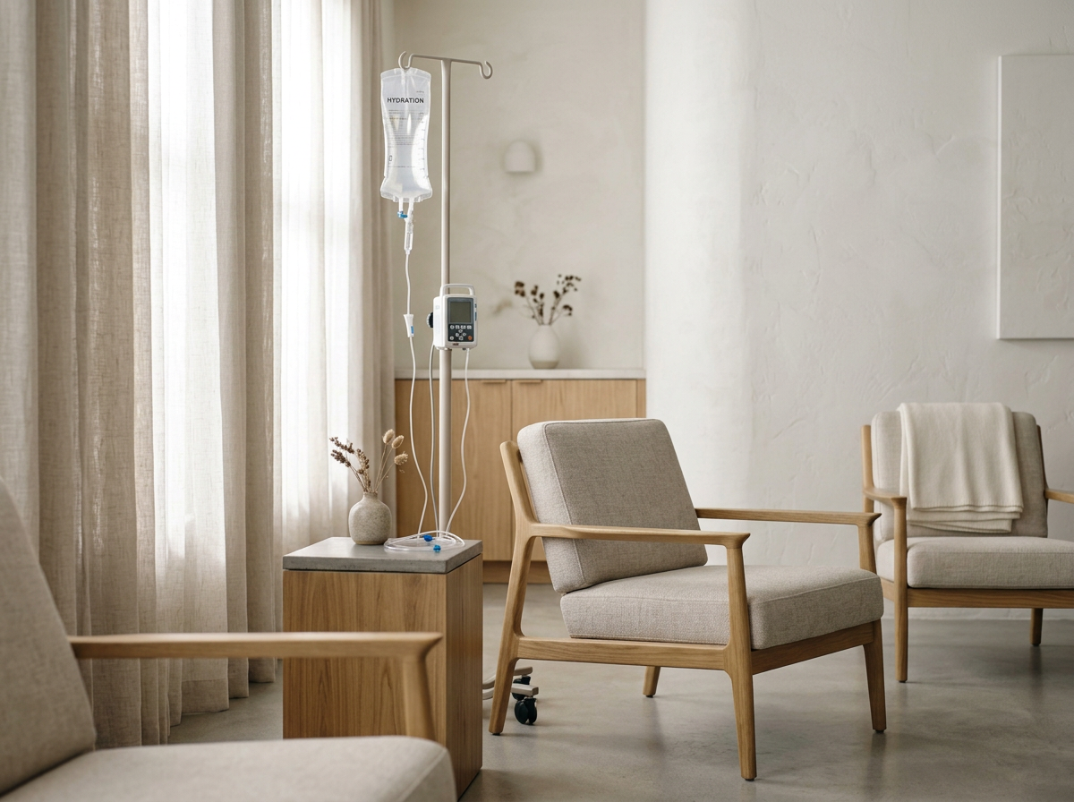 A sterile hospital or clinic waiting room with beige chairs, a small wooden table with a vase of dried flowers, and an IV stand with a hydration bag and infusion pump.