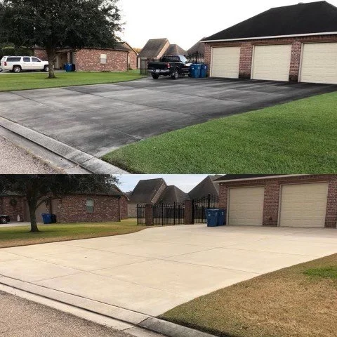 Concrete driveway before and after pressure washing