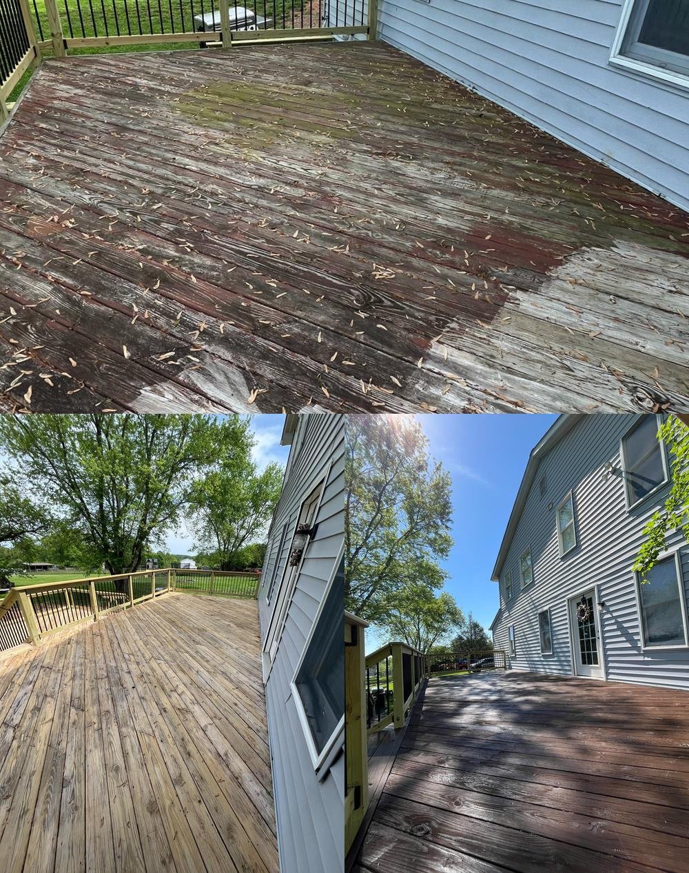 Pressure washing deck preparing for staining. wood stain