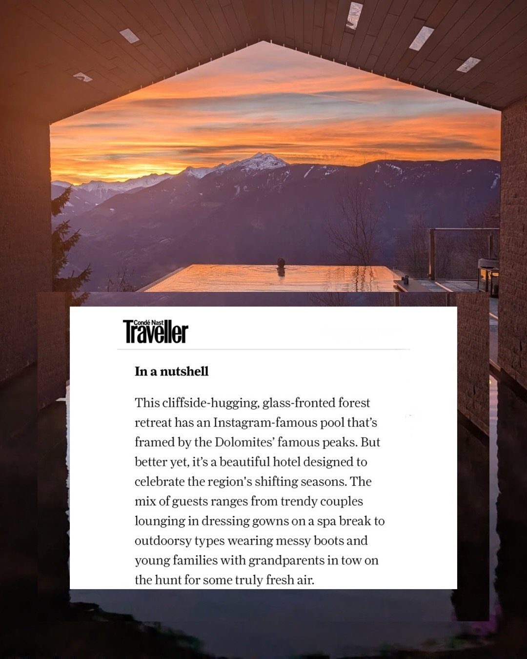 &ldquo;This cliffside-hugging, glass-fronted forest retreat has an Instagram-famous pool that&rsquo;s framed by the Dolomites&rsquo; famous peaks. &ldquo; @miramontiboutiquehotel @cntraveler