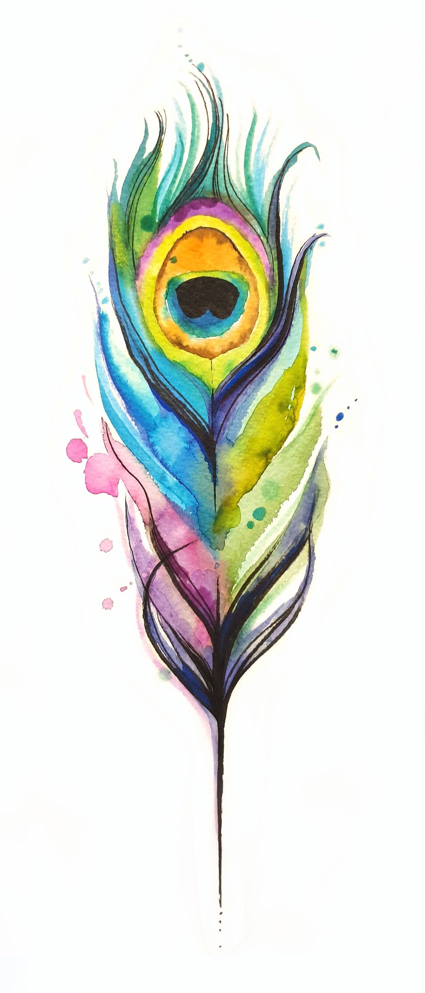 A vibrant abstract watercolour of a peacock feather. Ink and paint splats in a loose and contemporary style