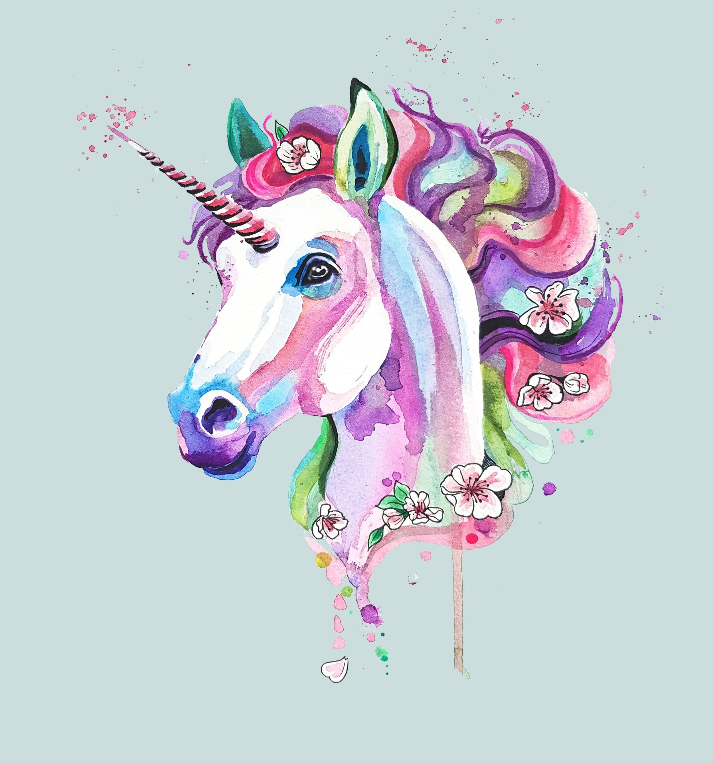 Magical watercolour unicorn. Cherry blossom mane. Loose, contemporary style painting