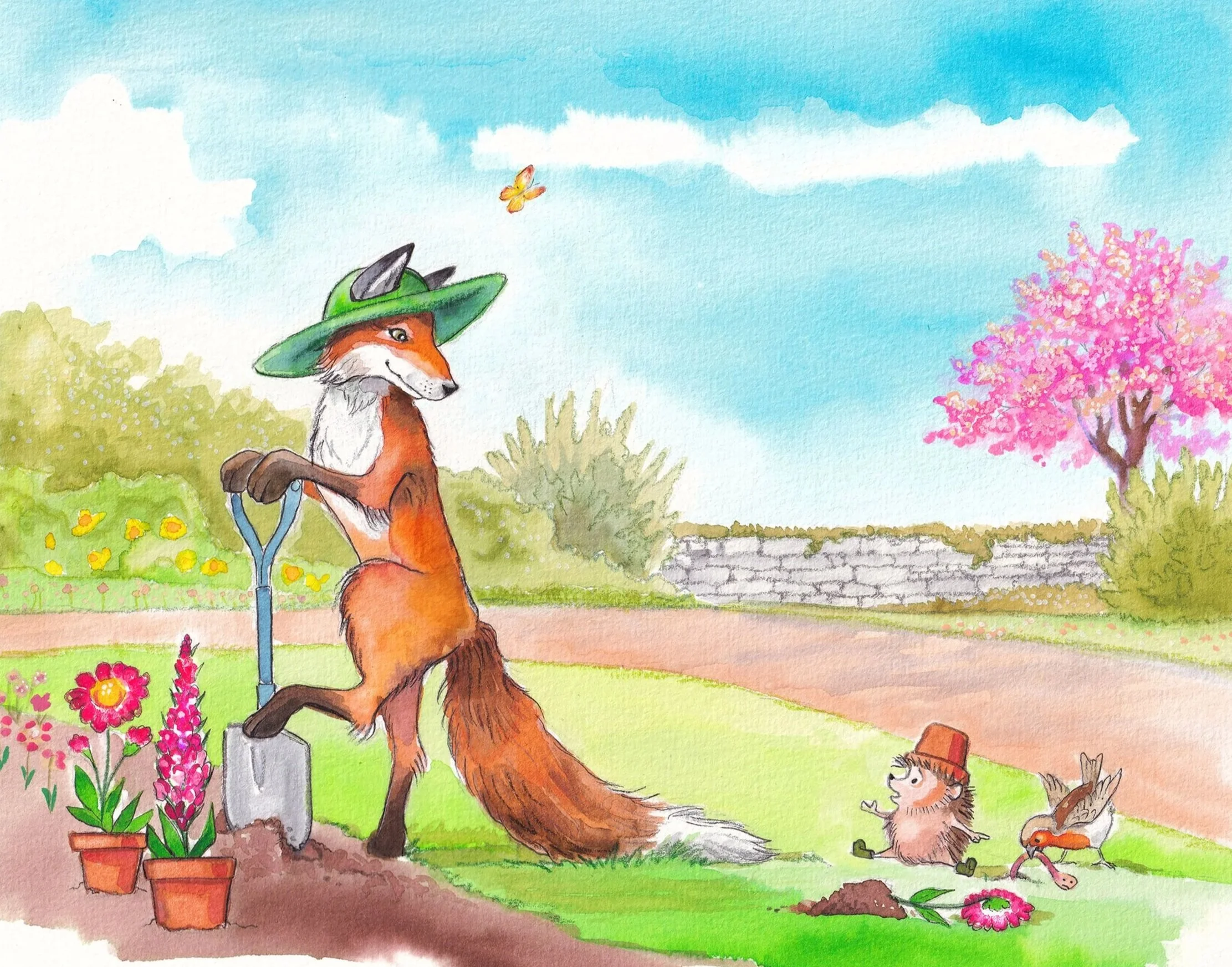 watercolour of a fox doing gardening, whilst a naughty hedgehog and robin try to help. Charming children's book illustration
