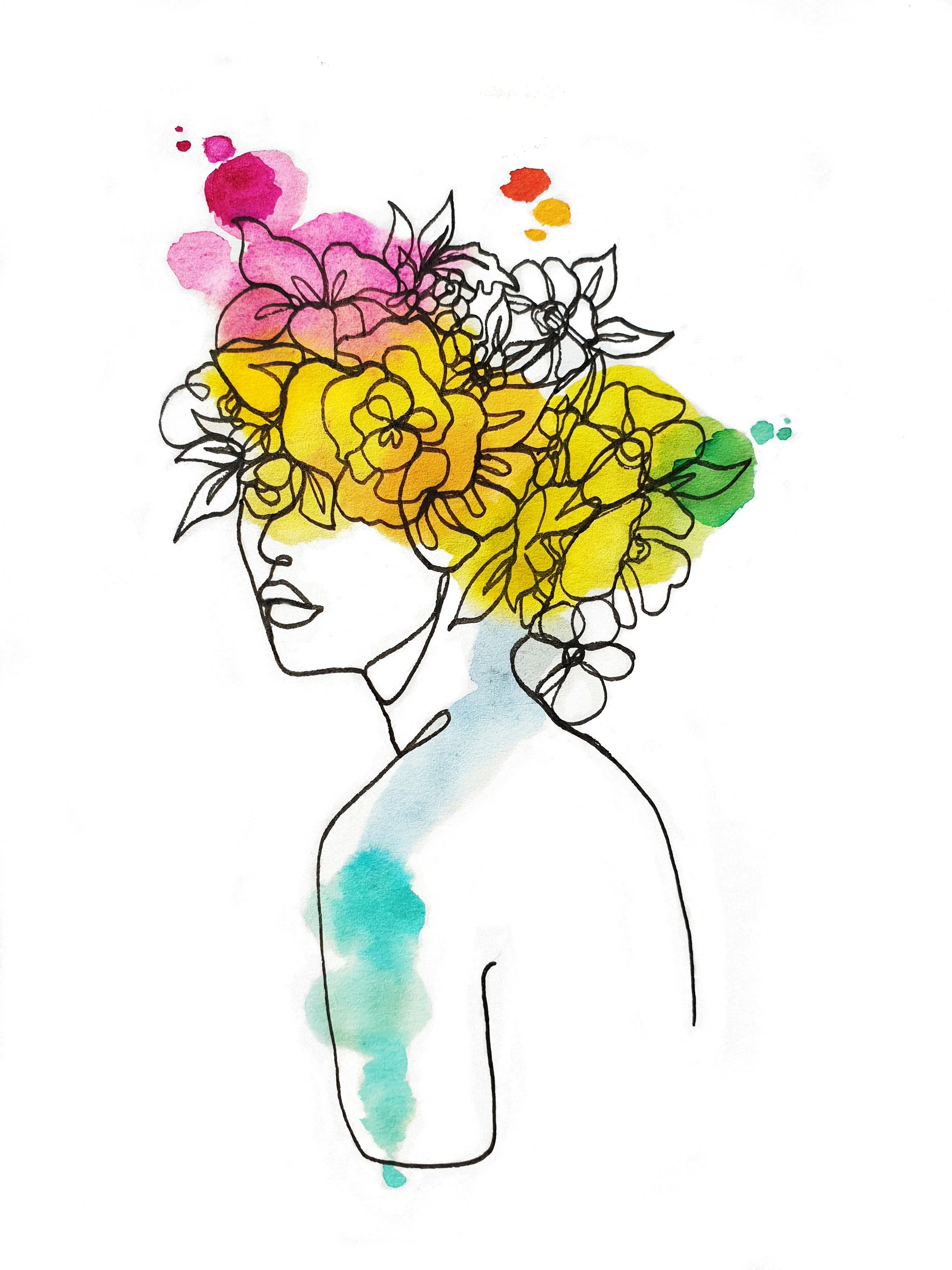 Flower Girl. A modern, abstract illustration design, this floral woman was hand drawn with a continuous line then painted with bright watercolours.