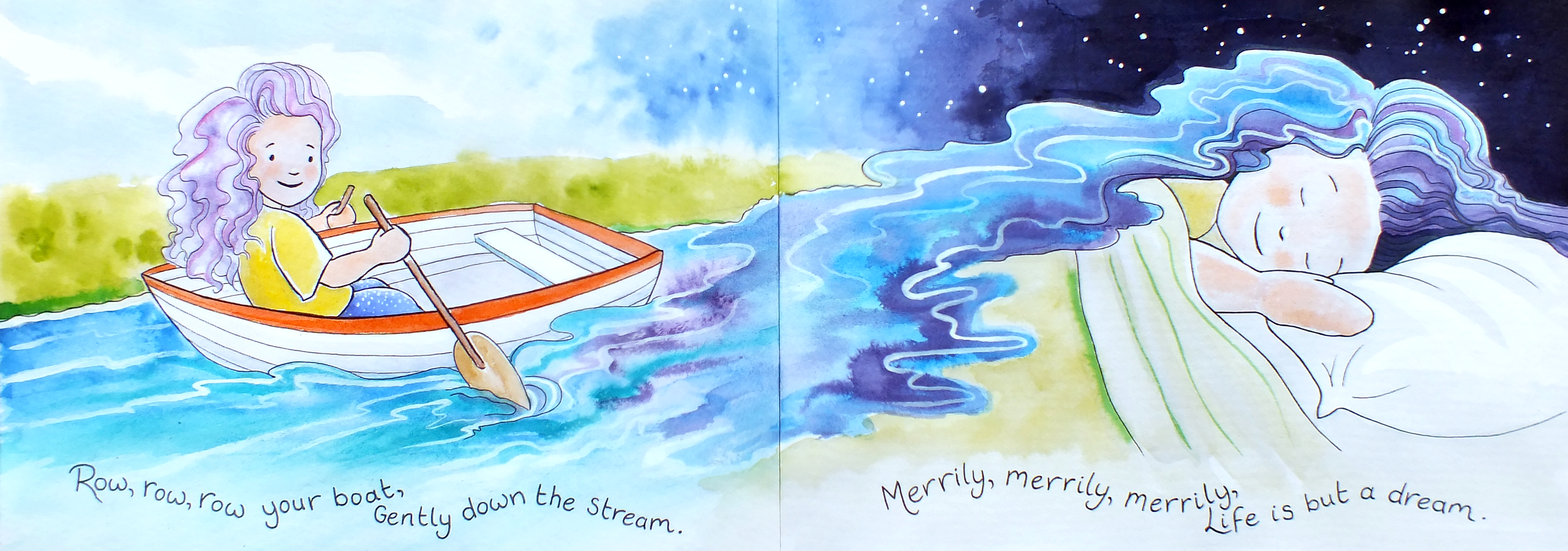 Row row row your boat, gently down the stream. Watercolour