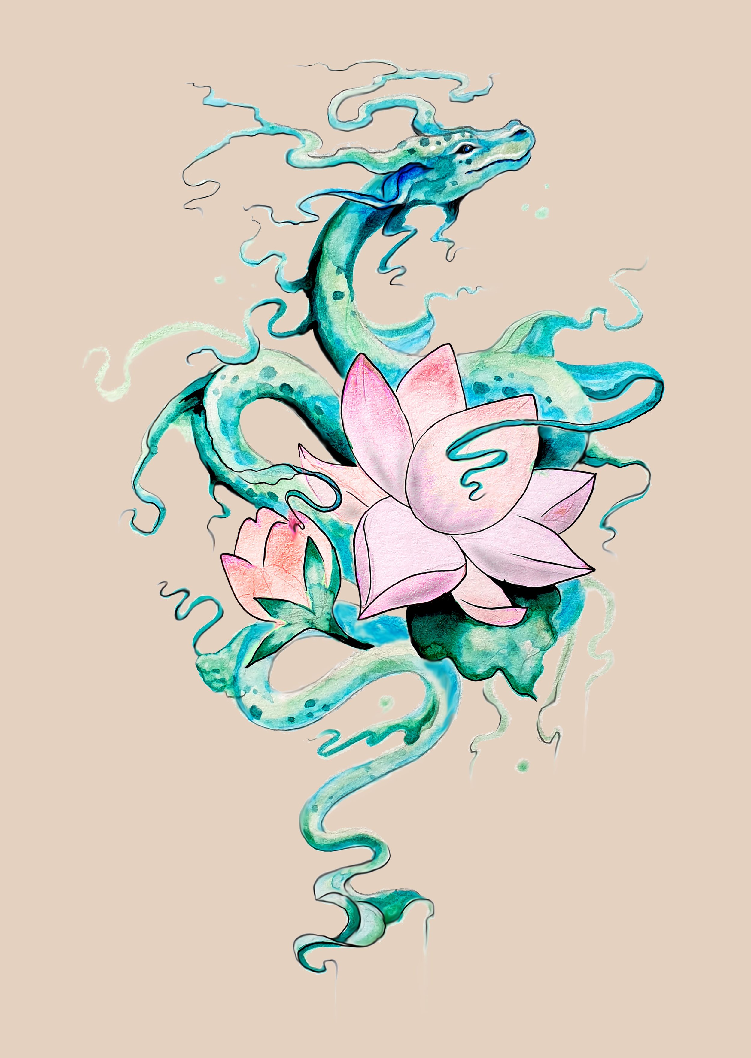 Water dragon with pink lotus flowers. Painted with soft watercolours and ink