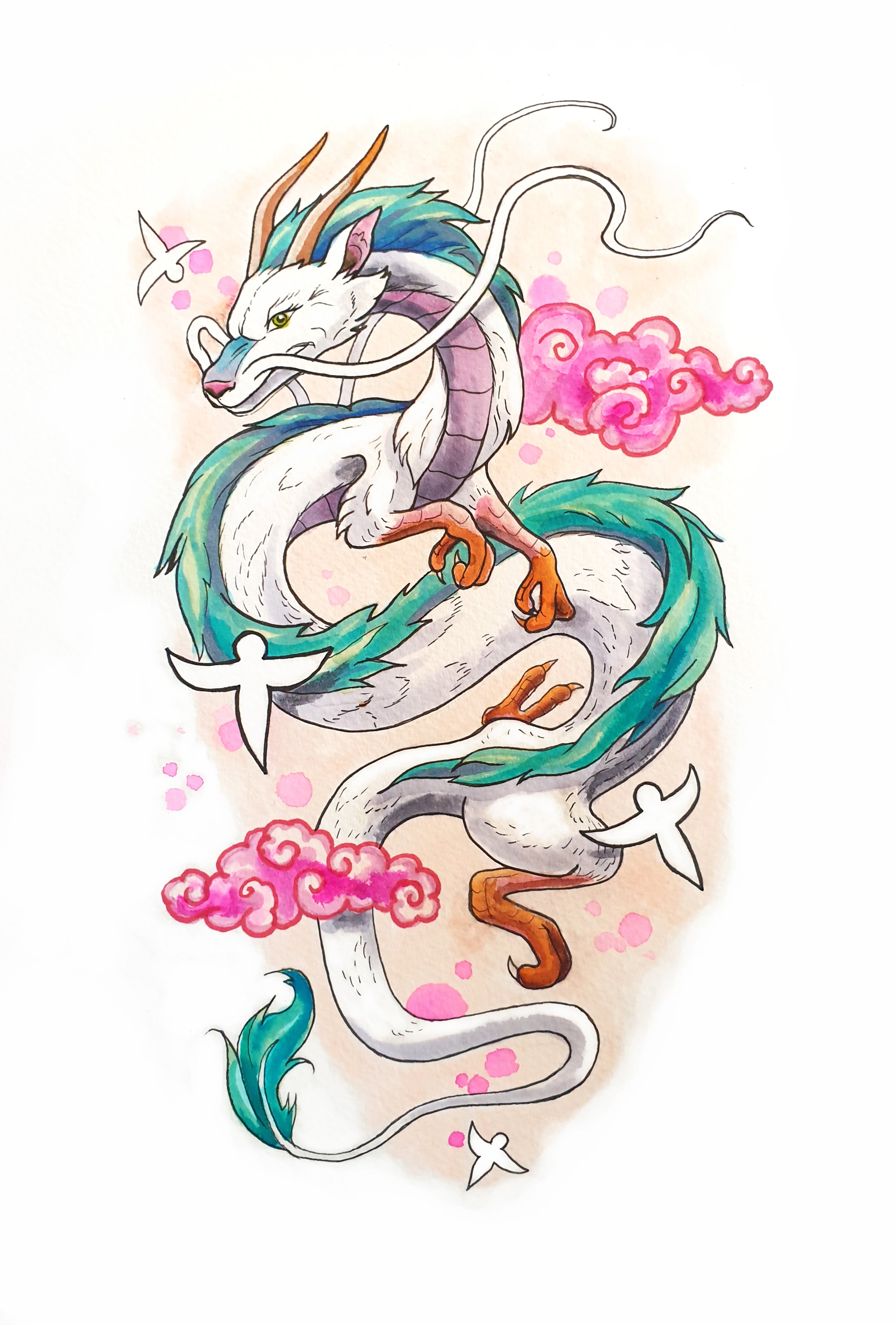 Japanese style dragon with a friendly face surrounded by pink clouds. painted with watercolours and ink