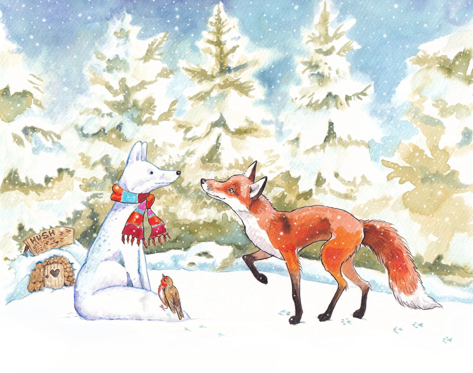 Fox and Robin visit their friend Hedgehog, but he's hibernating. A snow fox is standing guard. Beautiful watercolour winter illustration
