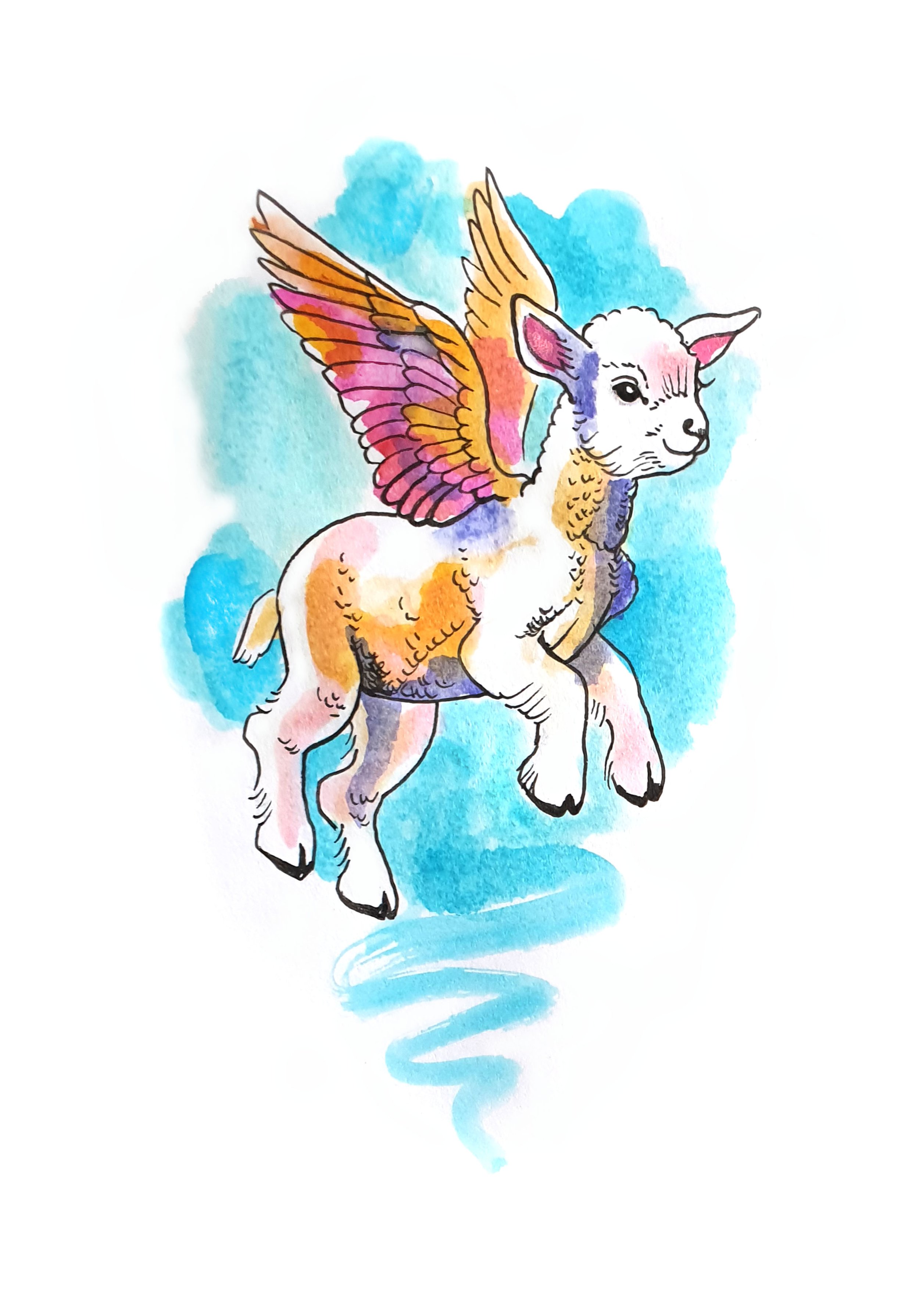 A cute spring lamb with brightly coloured wings jumps in the blue sky. Painted in vividly coloured watercolours and ink