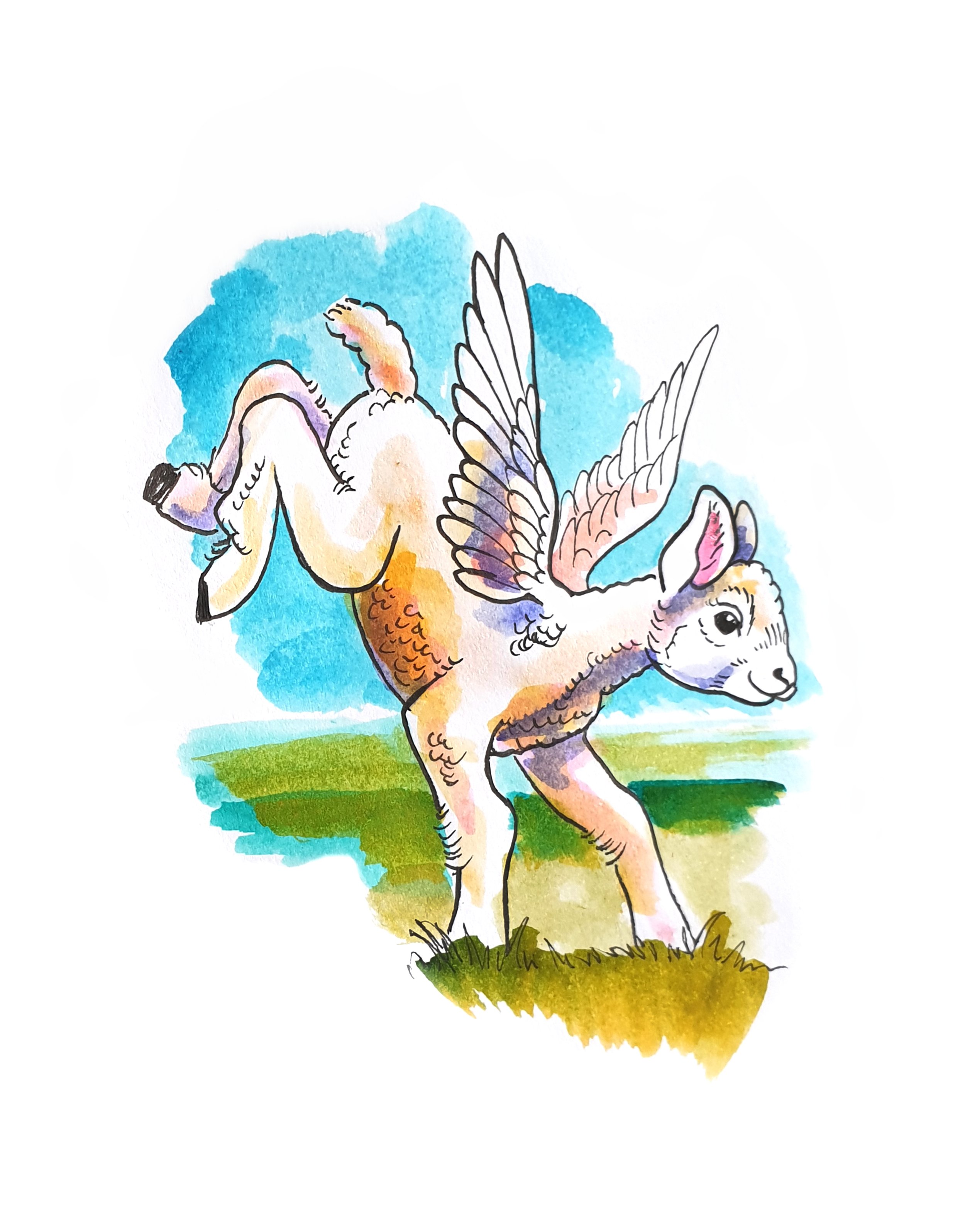 A sweet little lamb with wings comes in to land. Painted with bright and vivid watercolours and ink