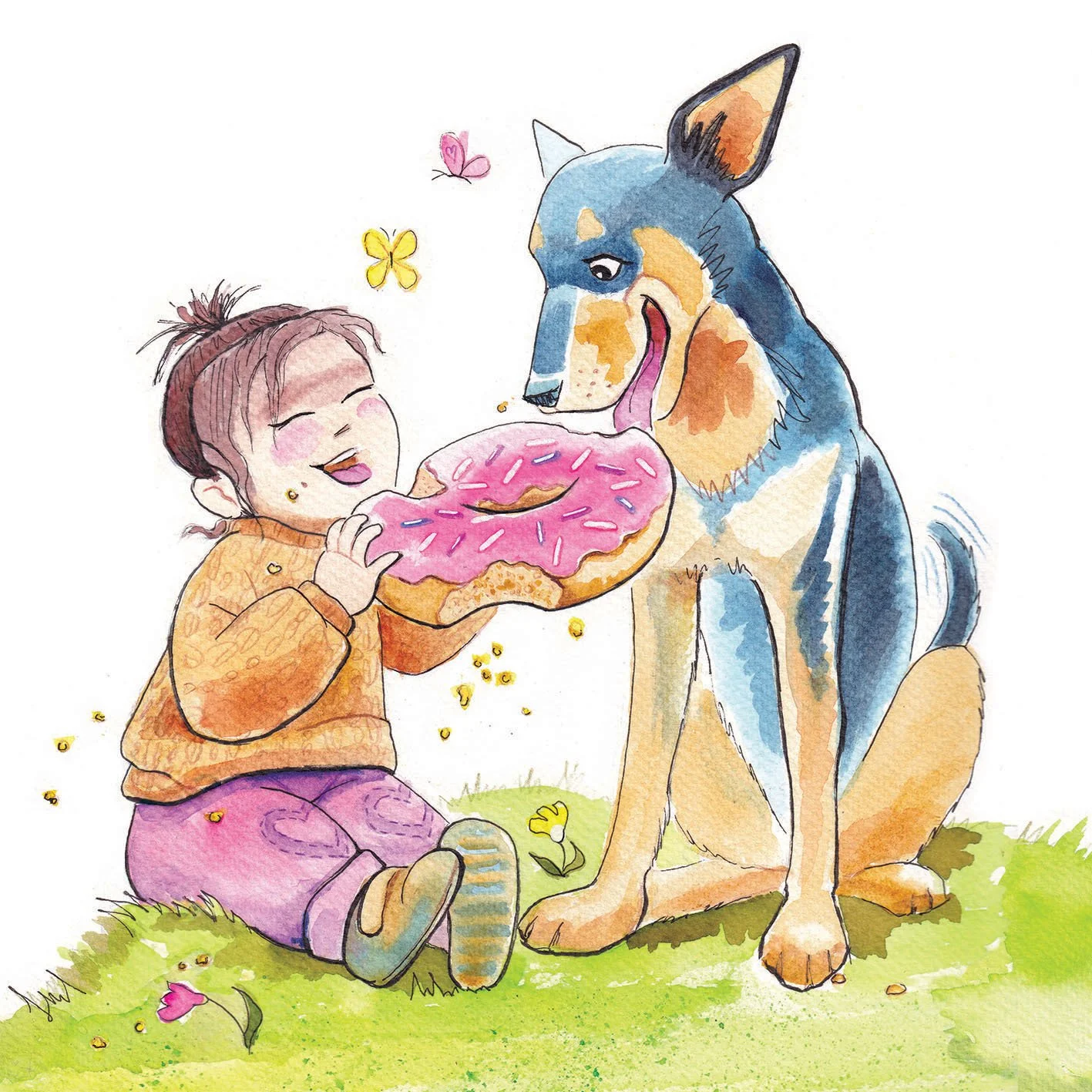 Watercolour illustration of a child and dog sharing a huge donut