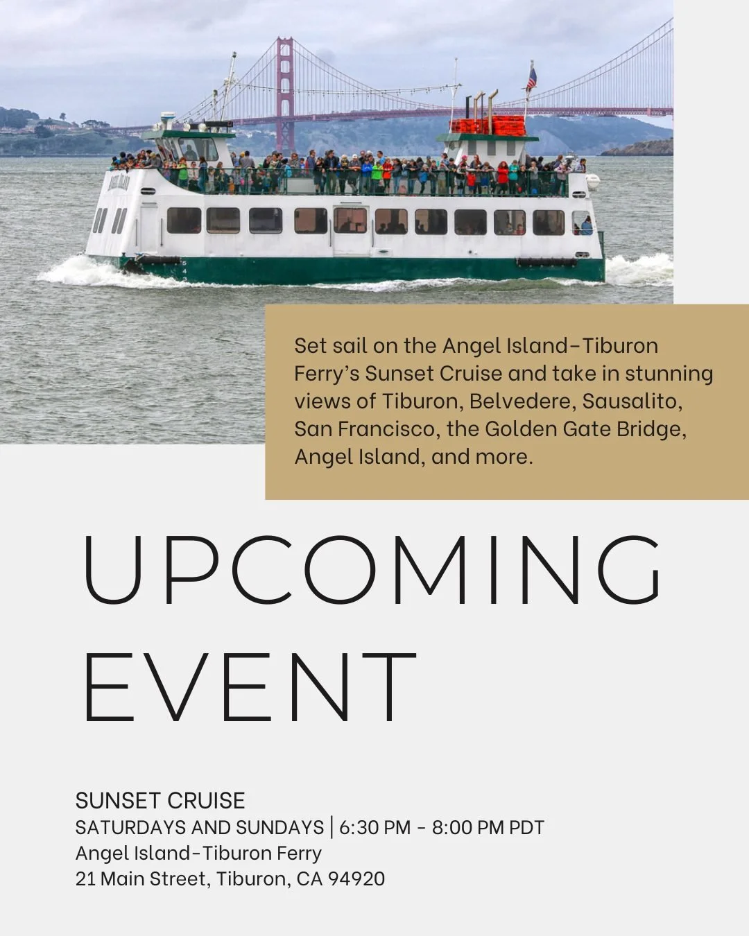 Experience the magic of sunset on our upcoming cruises! 🌅 Don&rsquo;t miss the chance to create unforgettable memories. Join the crew and book your spot today! Visit https://loom.ly/SAdvRM4

#SunsetCruise #AngelsIslandFerry #UpcomingEvents