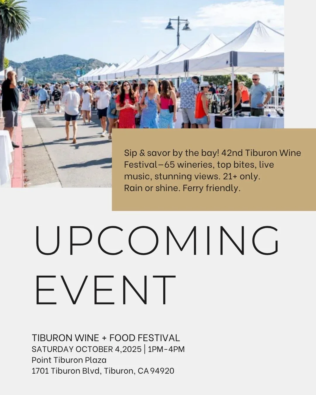 ✨ Wine lovers, this is your moment! 🍷
Join us for the 42nd Tiburon Wine Festival &mdash; 65 wineries, bites from top restaurants, live music &amp; unbeatable bay views. 🌊🍴

🎟️ 21+ only | 🚫 no pets, strollers, or infants | 🌦️ rain or shine | ⛴️ 