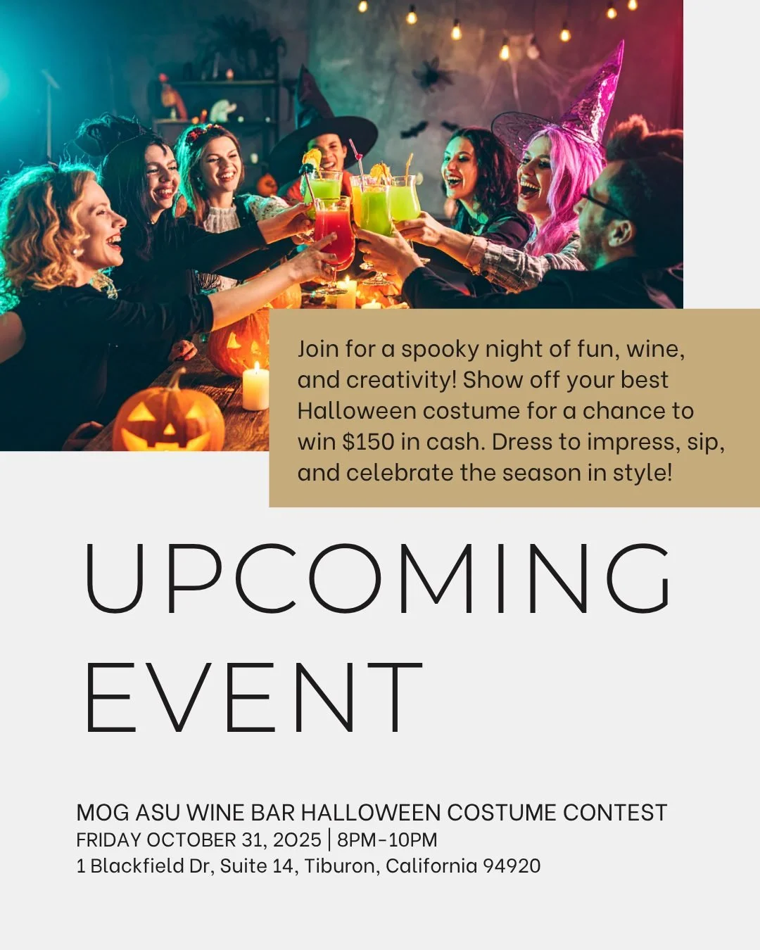 👻🎃 Get ready to slay this Halloween at Mog Asu Wine Bar! 🍷✨
Show up in your best costume for a chance to win $150 CASH! 💰
Sip, spook, and strut your stuff &mdash; the contest starts when the costumes hit the floor! 🧛&zwj;♀️🧙&zwj;♂️

#MogAsuWine