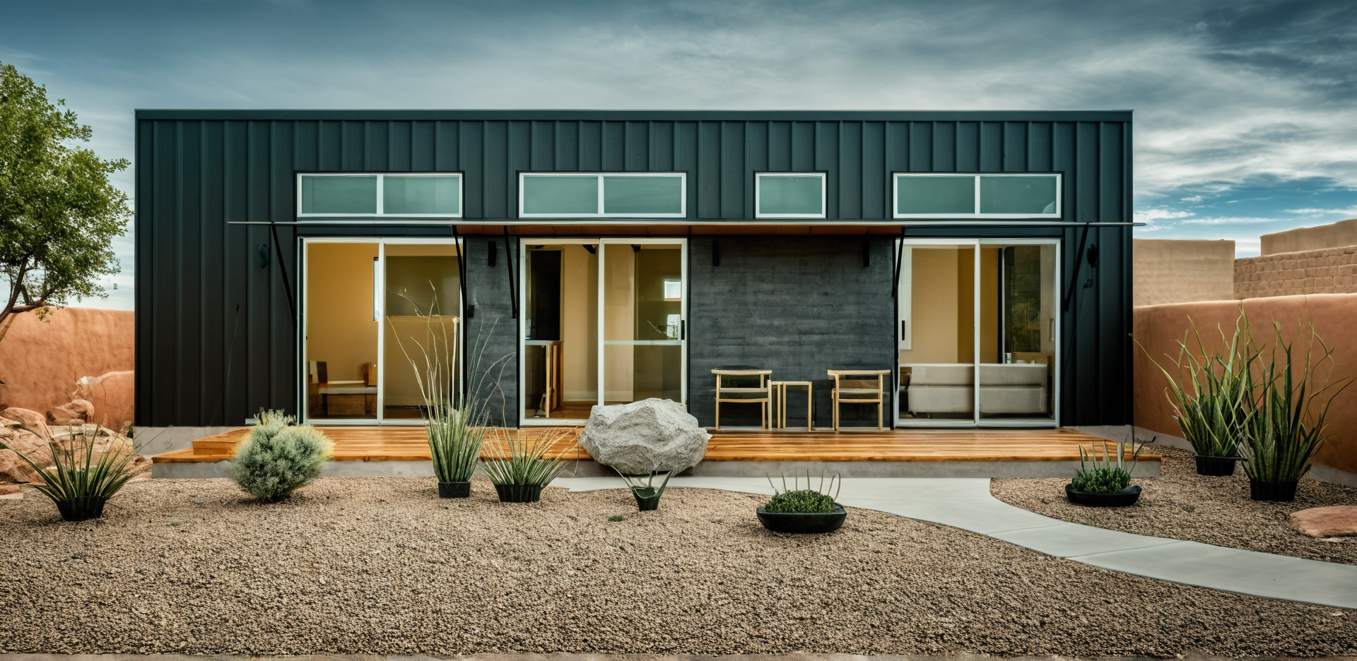 Modern black house with large sliding glass doors, outdoor wooden deck, desert landscaping, and minimalist furniture under a cloudy sky.