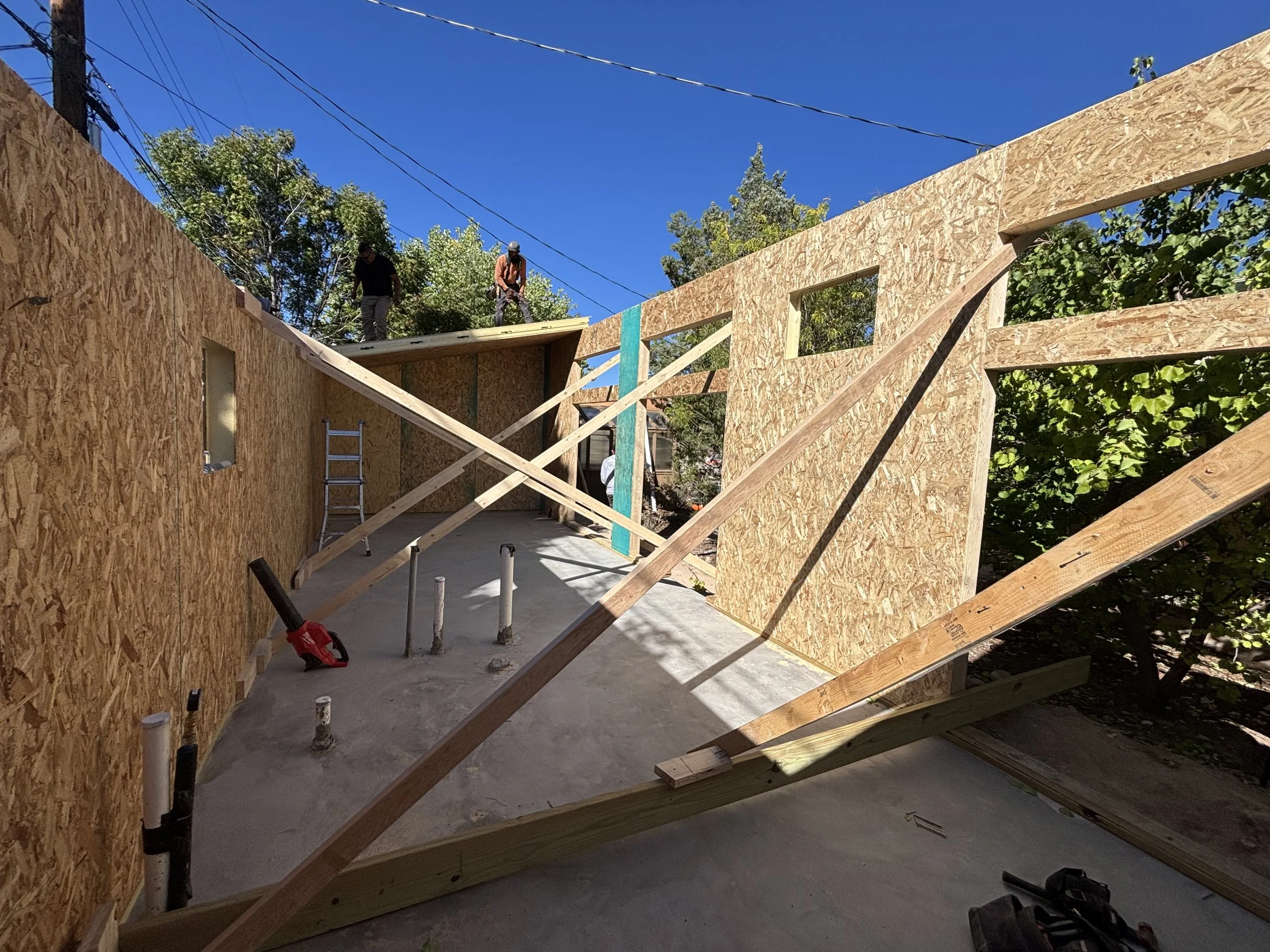 Construction workers building the walls of a house on a sunny day with a clear blue sky. Wooden frames and oriented strand board panels are being assembled.