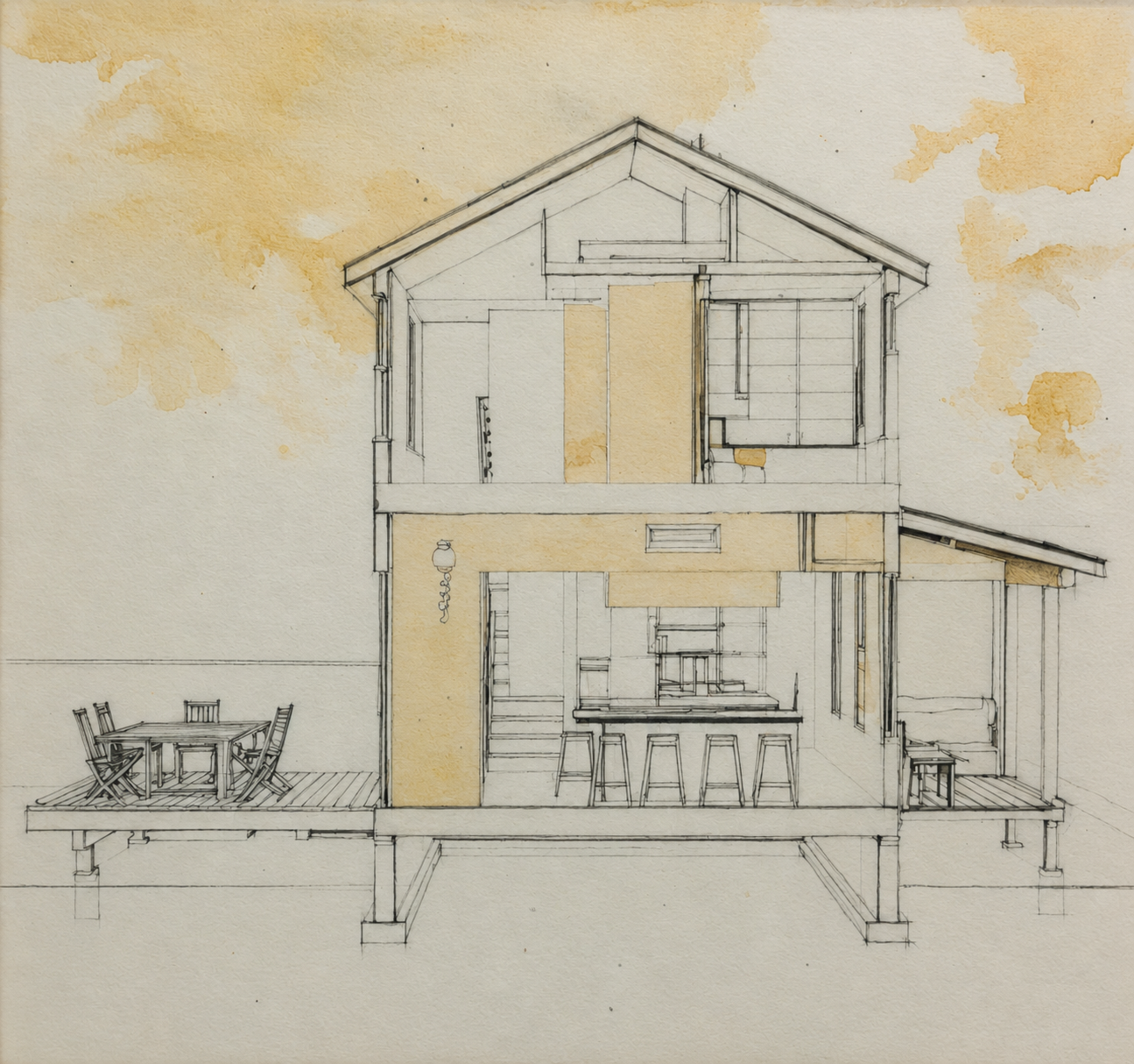 A detailed architectural drawing of a two-story house with an open plan kitchen and dining area, showcasing interior layout and exterior elements like patio furniture and wooden deck.