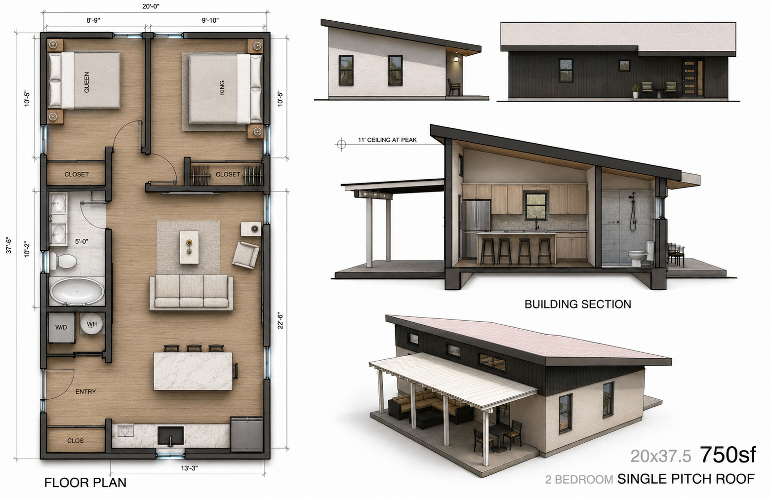 Architectural blueprint and renders of a modern 2-bedroom tiny house with a single pitch roof, including floor plan, building section, and exterior views.