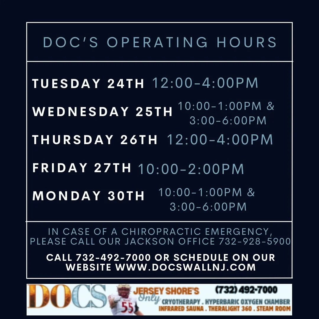 UPDATED OPERATING HOURS FOR THE WEEK OF THE 24th-30th!! 

Call 732-492-7000 or schedule on our website www.docswallnj.com