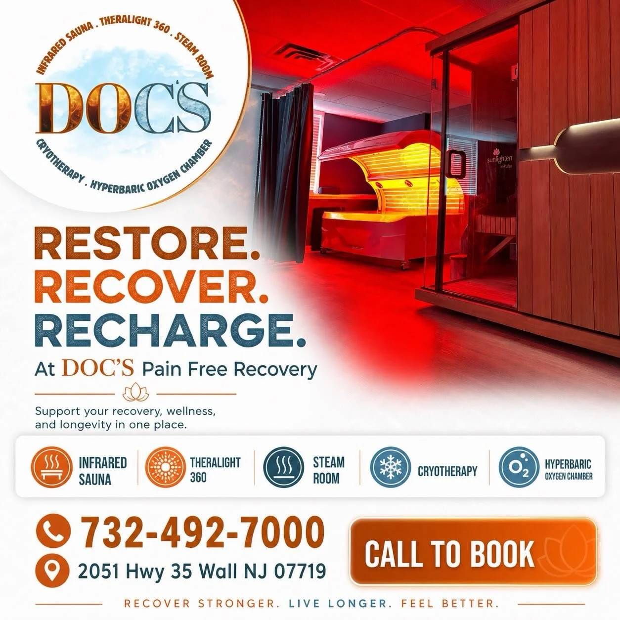 Restore &bull; Recover &bull; Recharge at DOC&rsquo;s located right in the heart of the Jersey Shore! 

#docswall #cryotherapy #redlight #sauna #njwellness