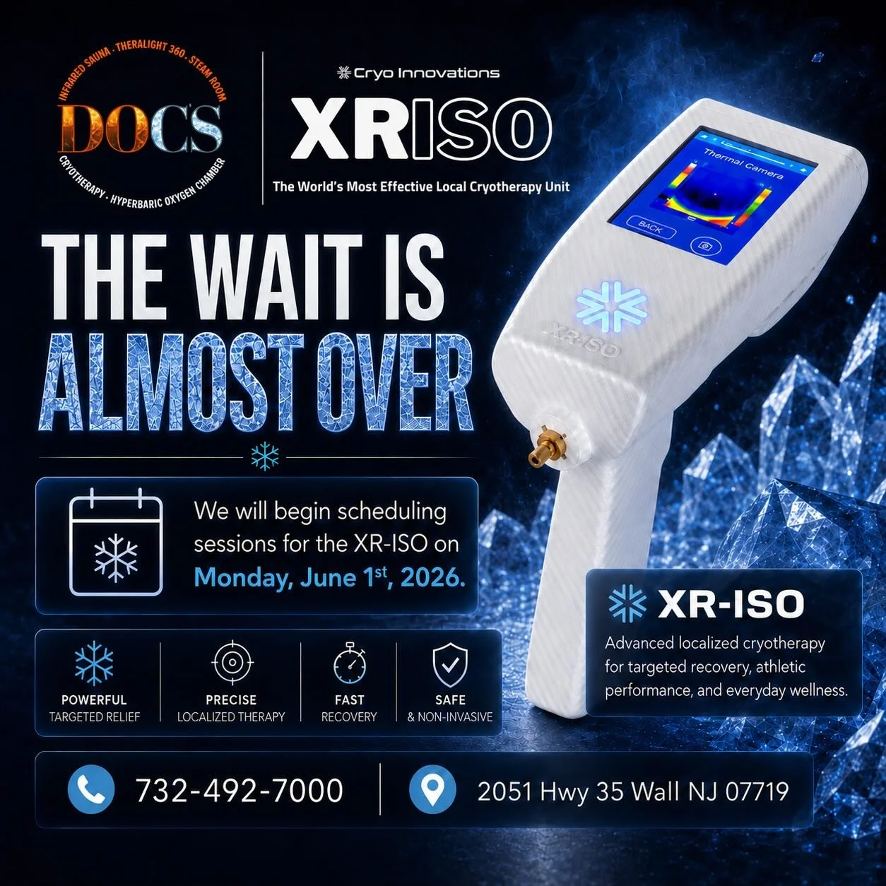 We can&rsquo;t wait to start using our new @xrcryoiso book your appointment starting June 1st! 
732-492-7000