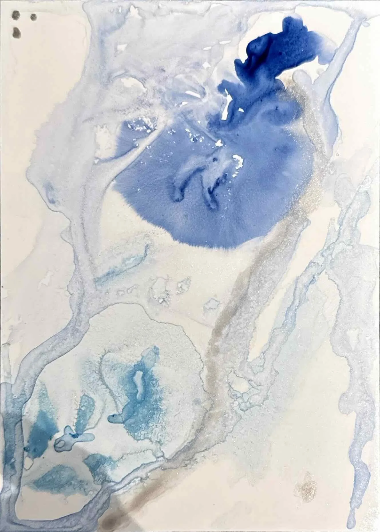 After · 

High-flow acrylic and acrylic ink on Yupo · 2026 · 24 × 30" · 

Limited edition giclée print, edition of 10 · Signed and numbered by the artist | Abstract fluid painting in cool blues and teals suggesting stillness and aftermath by Paula Ki