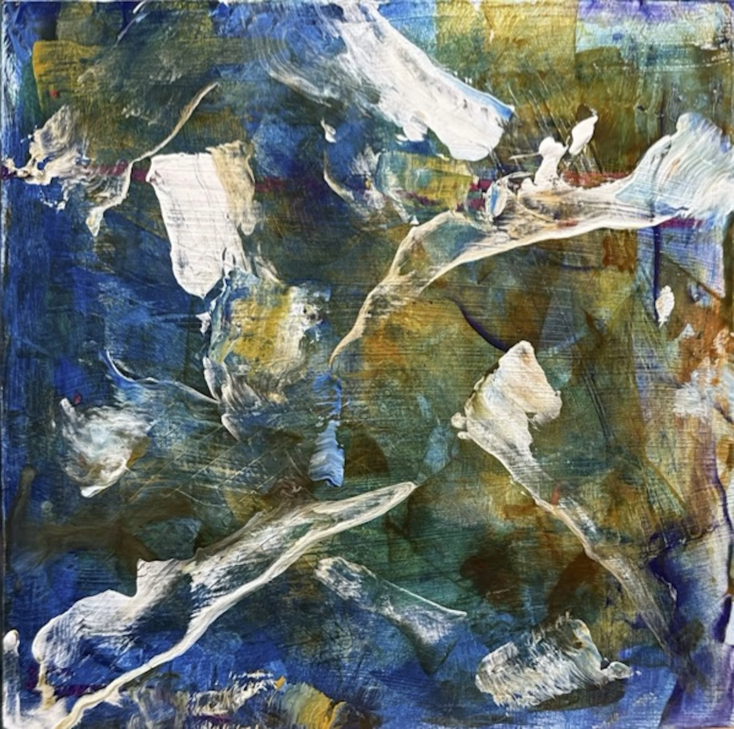 Whispers in the Wind - 
Acrylic on wood panel 12" x 12" - 
A face emerged in the painting – unplanned and unmistakable. Somethings surface on their own terms.