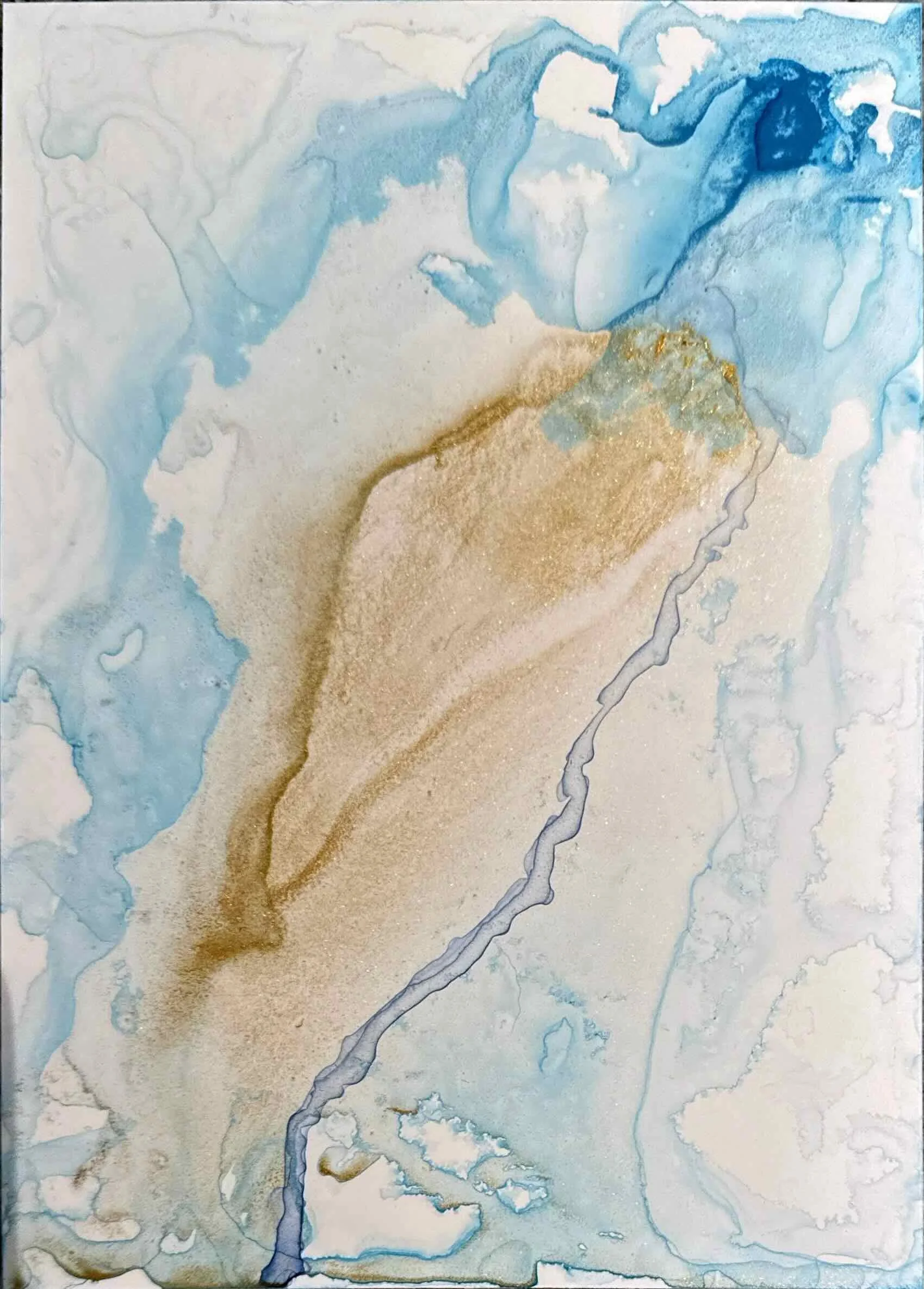  Shoreline, Remembered  · 

High-flow acrylic and acrylic ink on Yupo · 2026 · 24 × 30"  · 

Limited edition giclée print, edition of 10 · Signed and numbered by the artist | Fluid abstract painting in blues, teals, and seafoam with gold accents by P