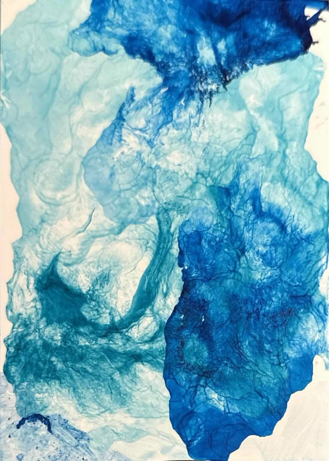 Before the Surface · 

High-flow acrylic and acrylic ink on Yupo · 2026 · 24 × 30" · 

Limited edition giclée print, edition of 10 · Signed and numbered by the artist | Abstract fluid painting capturing movement beneath the surface in blues and aquas