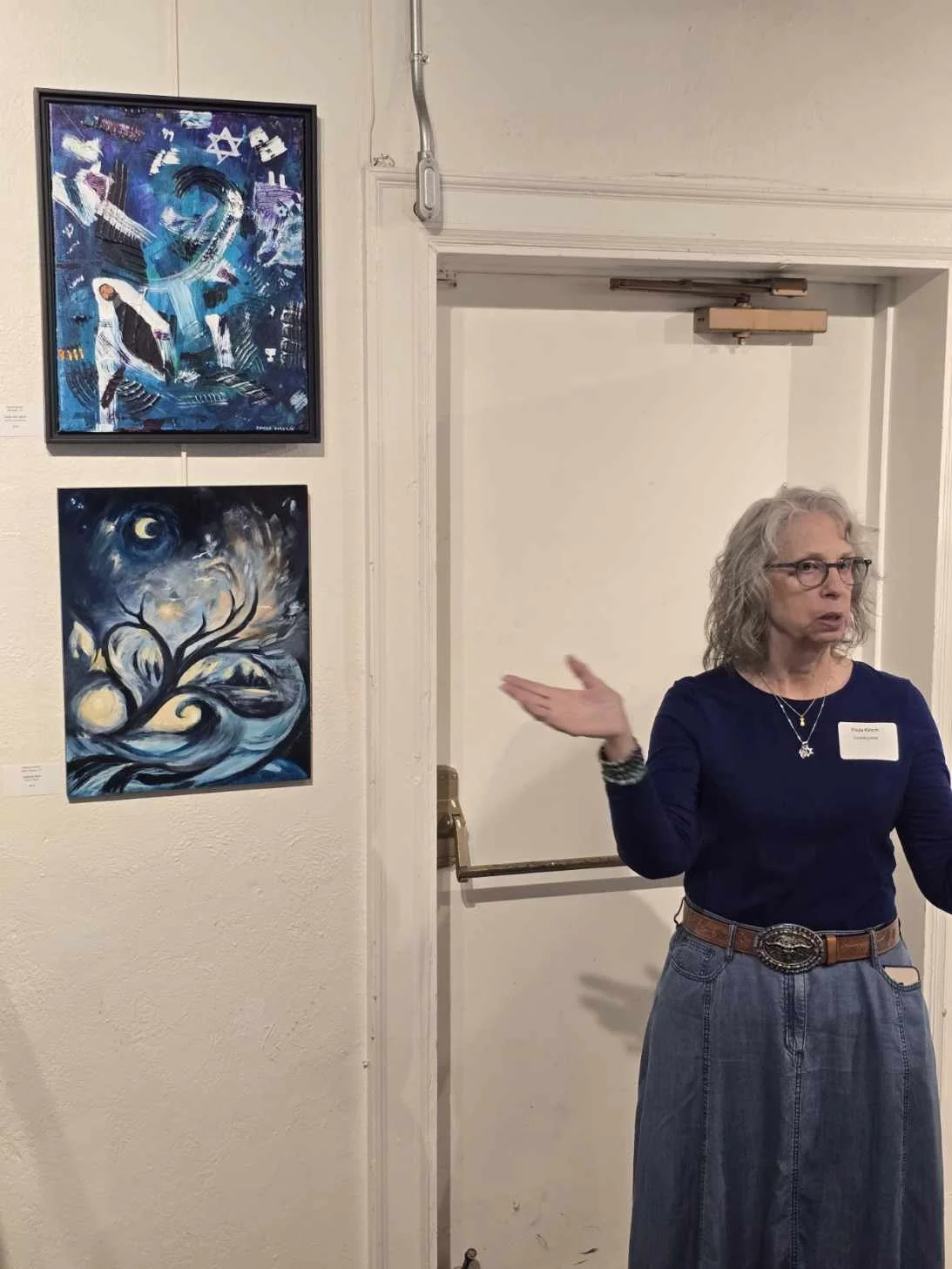 Paula Kirsch giving artist talk at Carriage Barn Arts Center