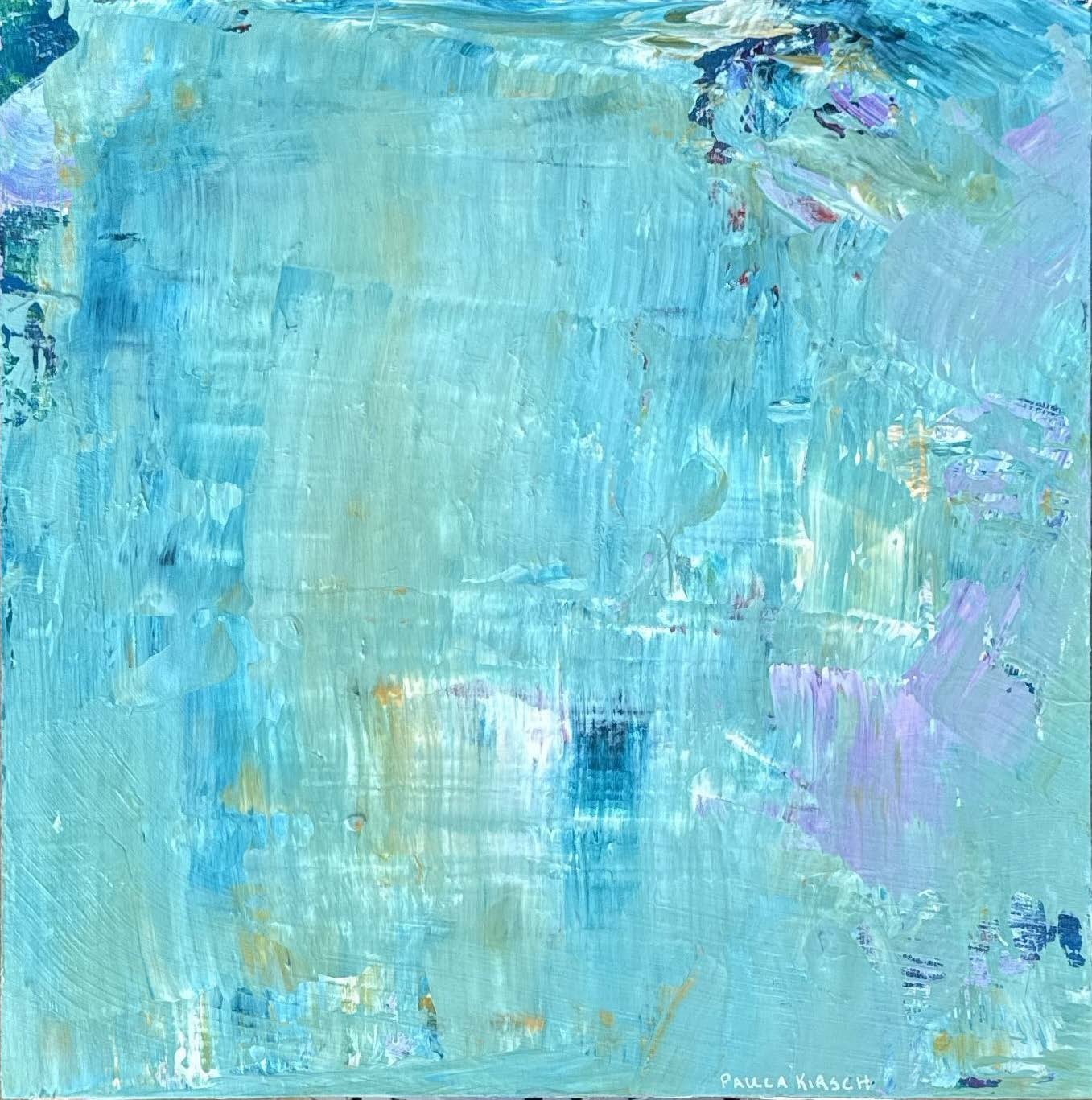 Reflecting Pond - 

Acrylic on wood panel · 12″ × 12″ - 

Teal and seafoam layered into stillness. The surface holds — and suggests what lies just beneath it.