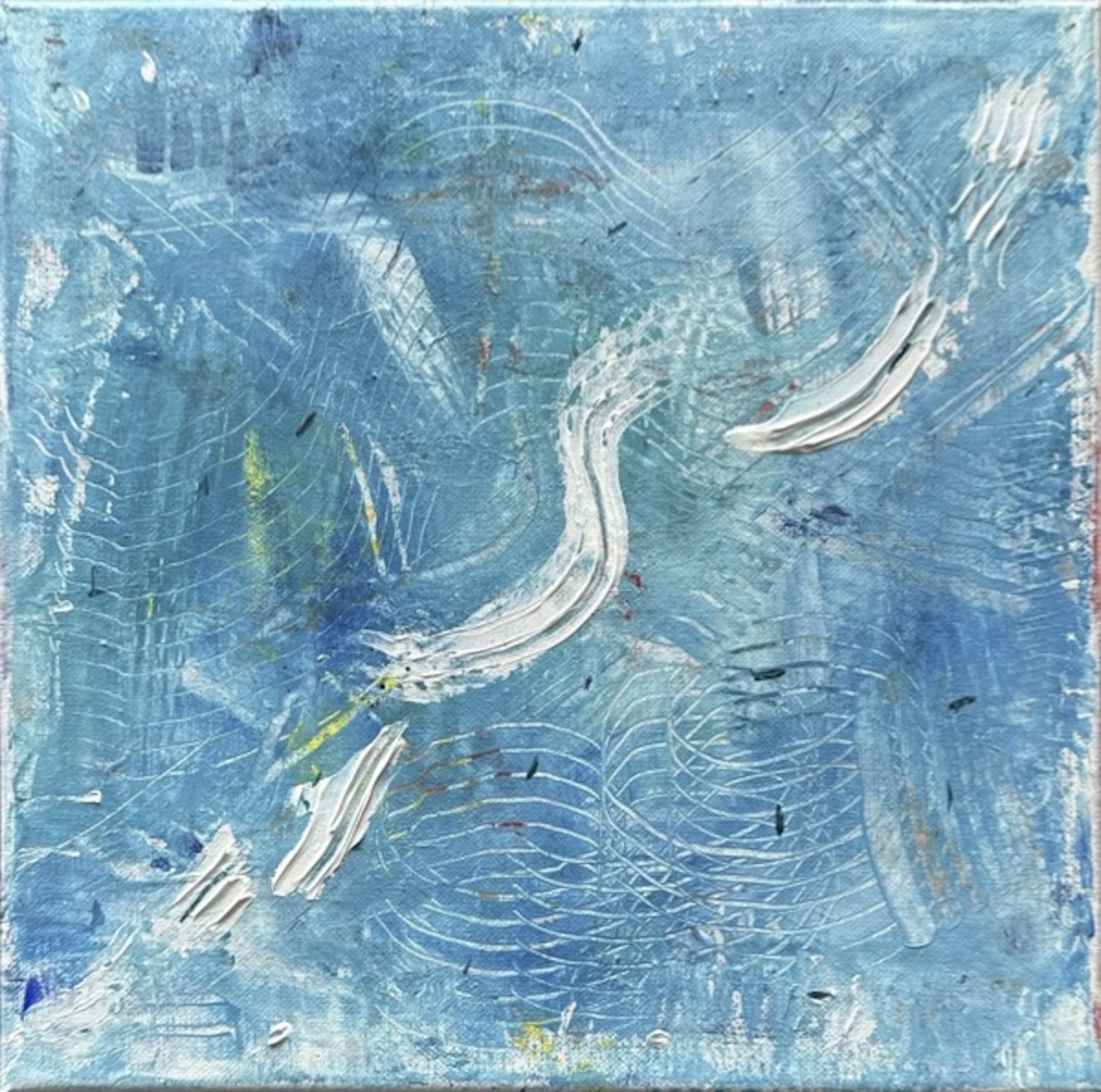 Tidal Confessions - 
Acrylic on Stretched Canvas 12" x 12" - 
Soft blues, wave -like marks, quiet white gestures. Standing at the edge of water, listening for something you can't quite name.